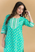 Aqua Blue Floral Print Kurta With Pant