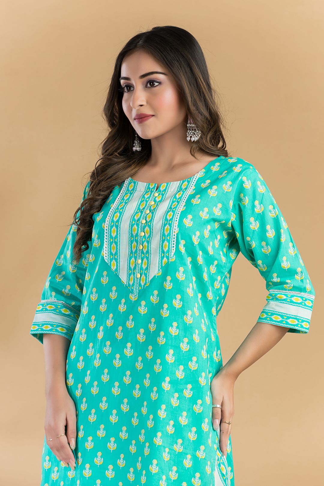 Aqua Blue Floral Print Kurta With Pant