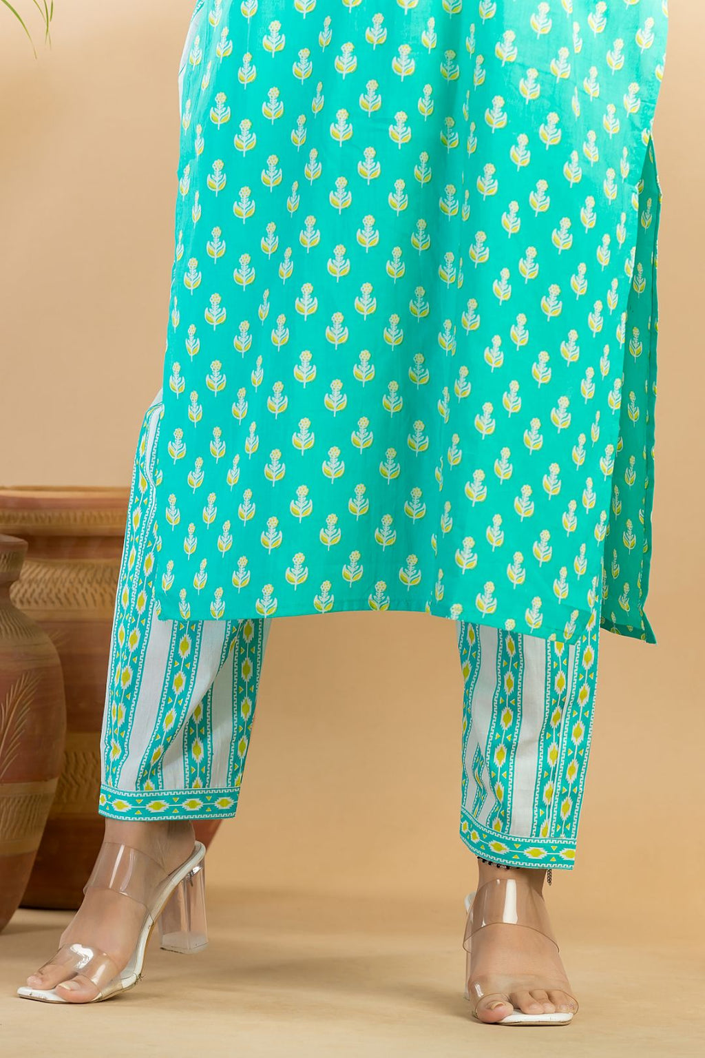Aqua Blue Floral Print Kurta With Pant