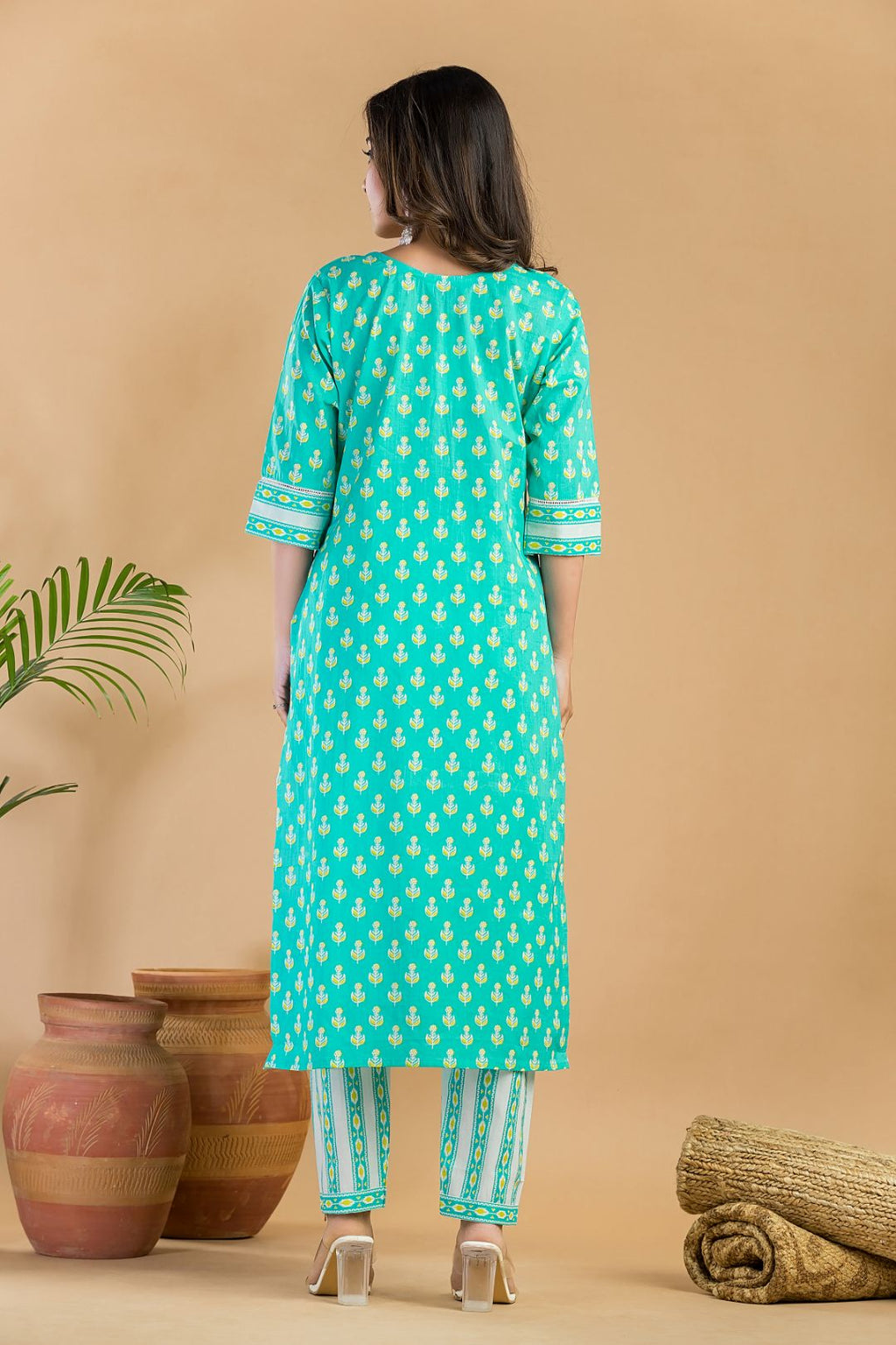 Aqua Blue Floral Print Kurta With Pant