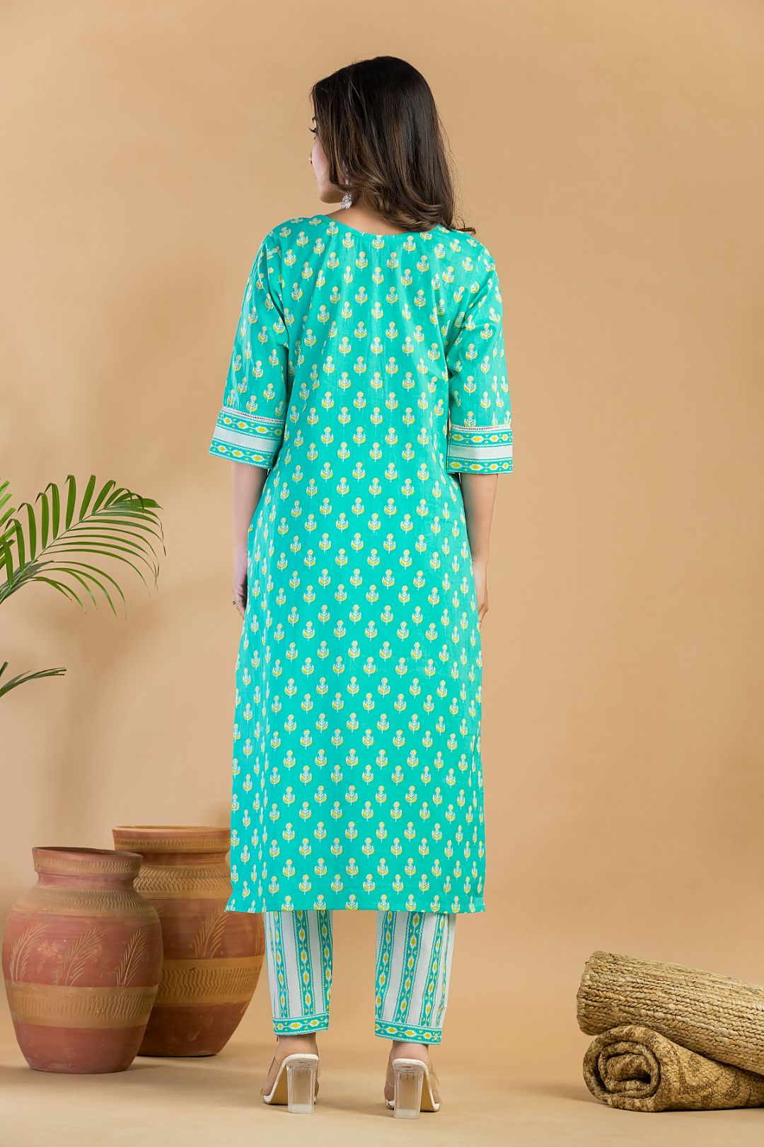 Aqua Blue Floral Print Kurta With Pant