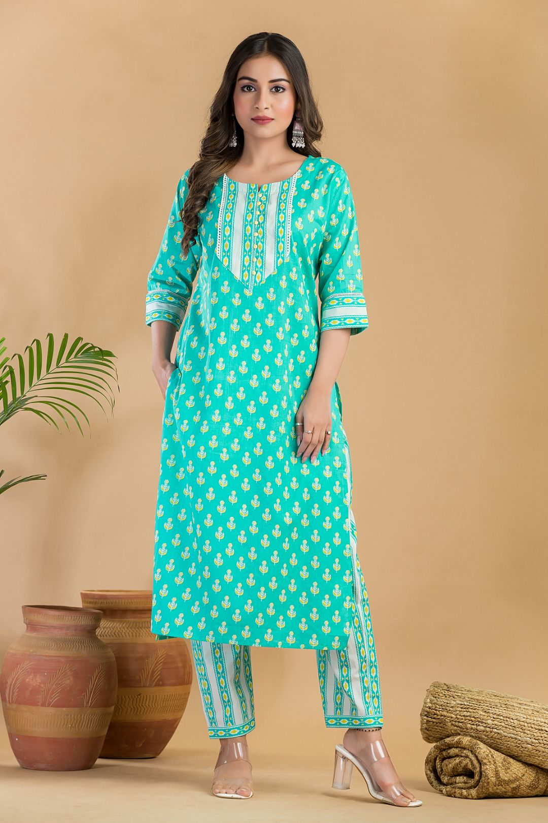 Aqua Blue Floral Print Kurta With Pant