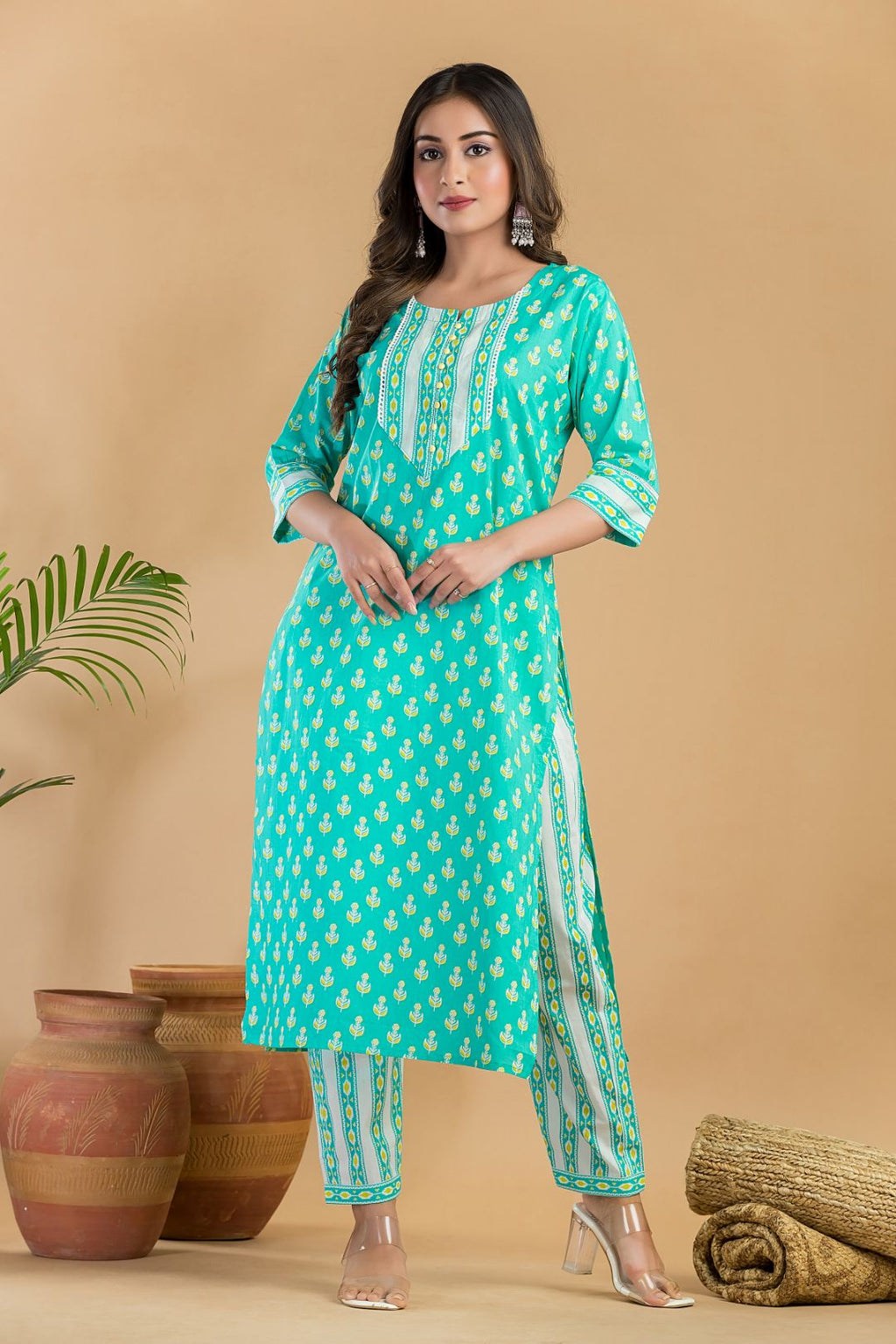 Aqua Blue Floral Print Kurta With Pant