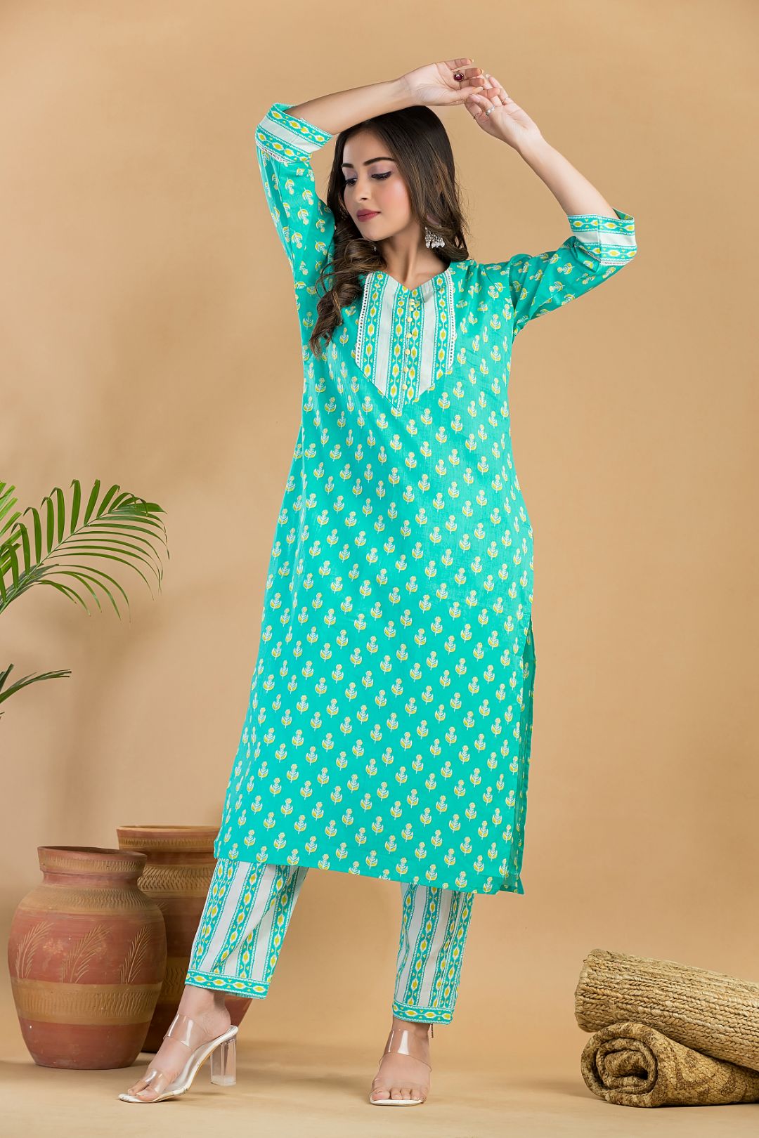 Aqua Blue Floral Print Kurta With Pant