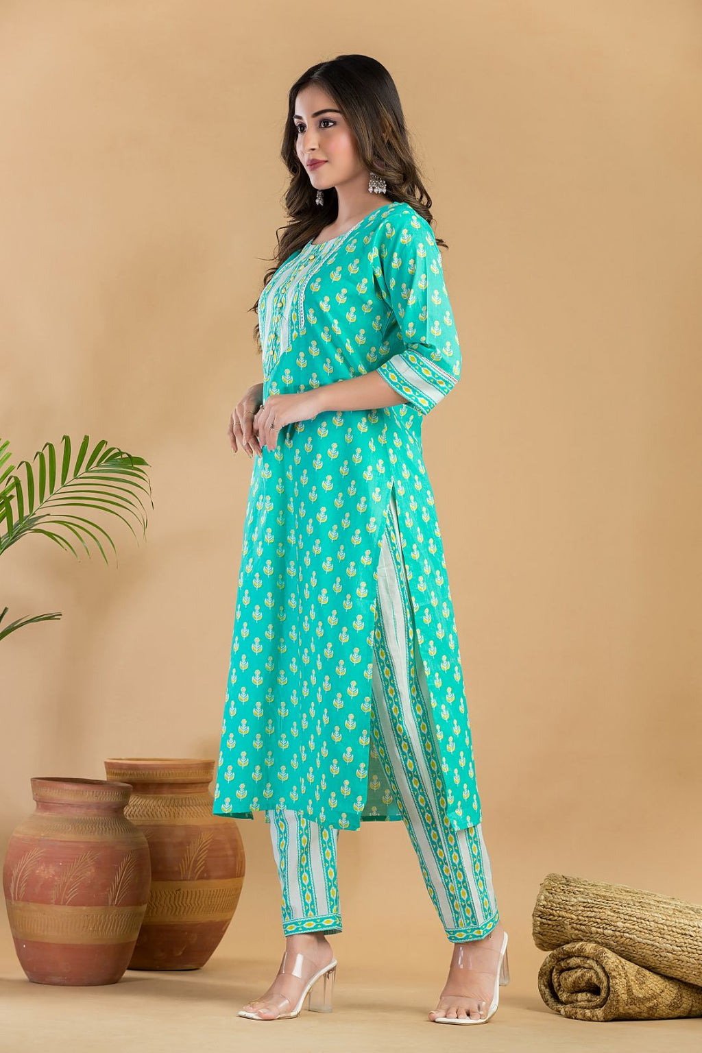 Aqua Blue Floral Print Kurta With Pant