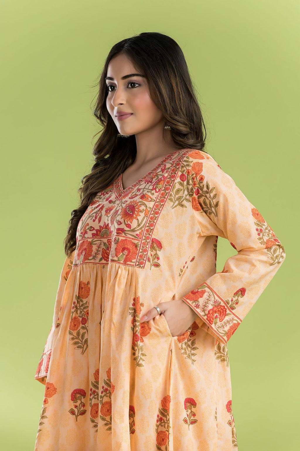 Peach Orange Floral Print A-line Kurta With Pant