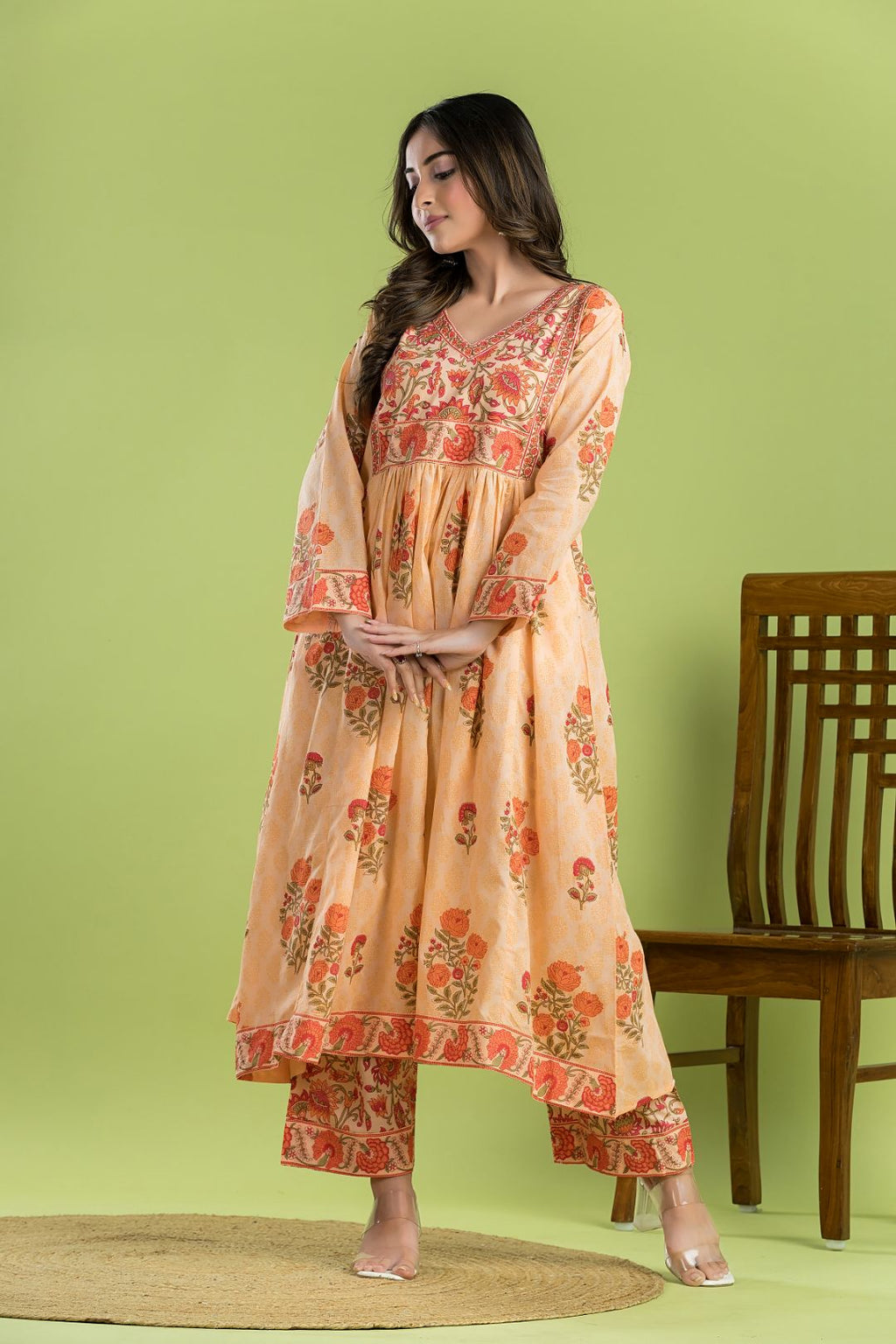 Peach Orange Floral Print A-line Kurta With Pant