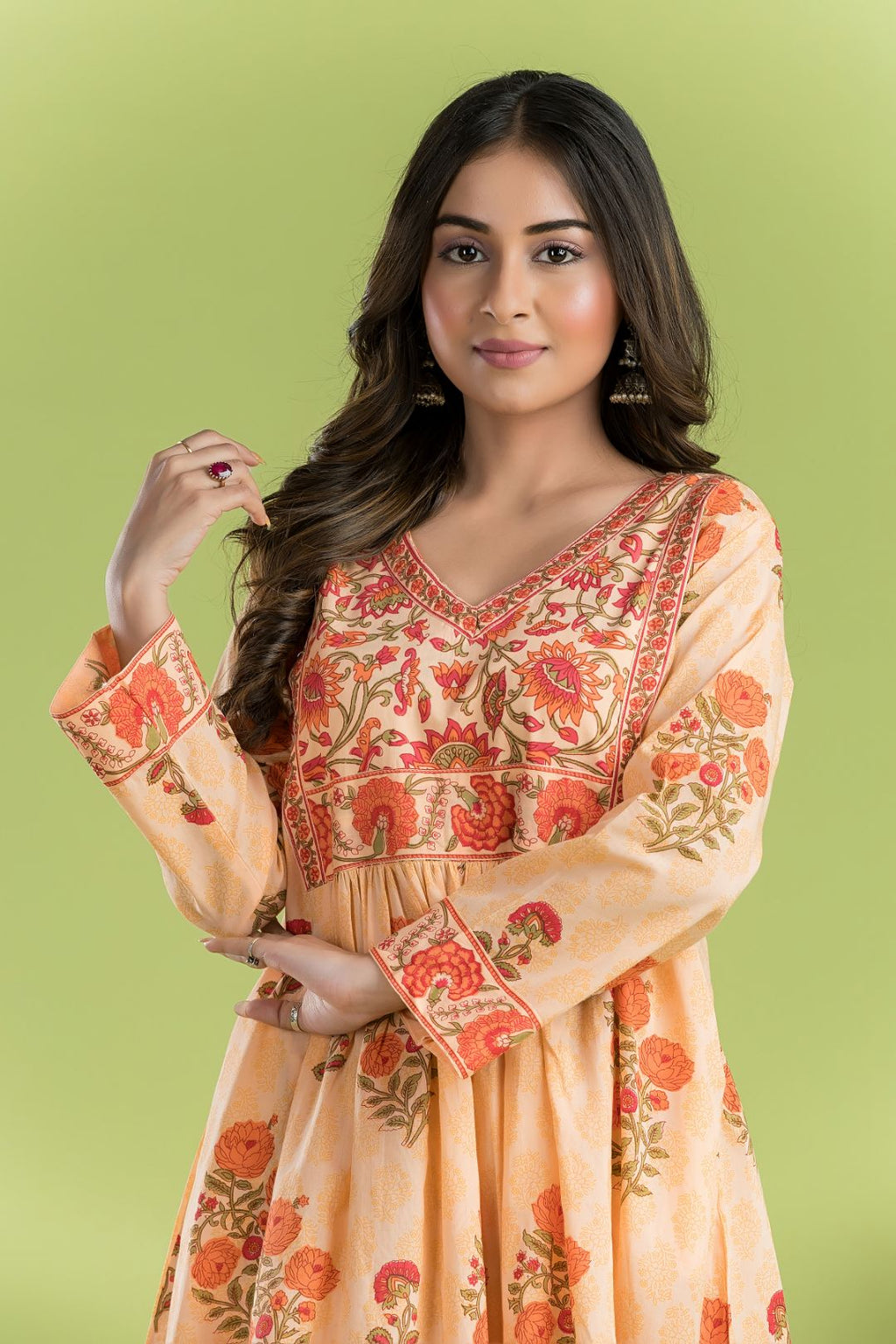 Peach Orange Floral Print A-line Kurta With Pant