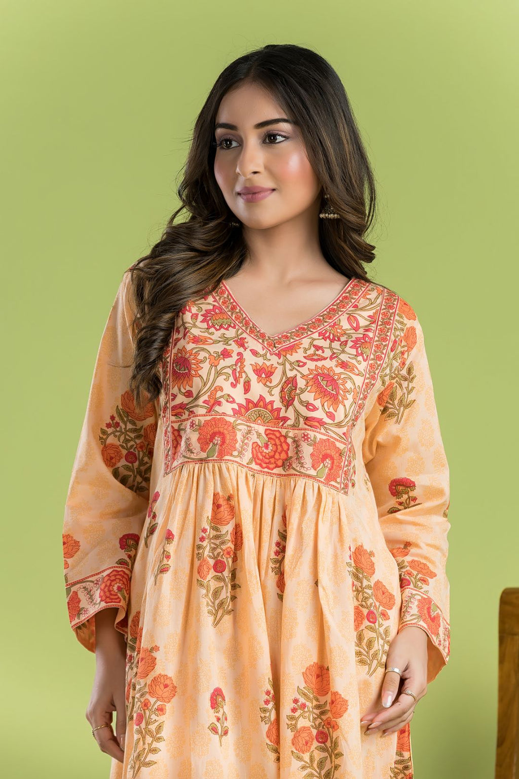 Peach Orange Floral Print A-line Kurta With Pant