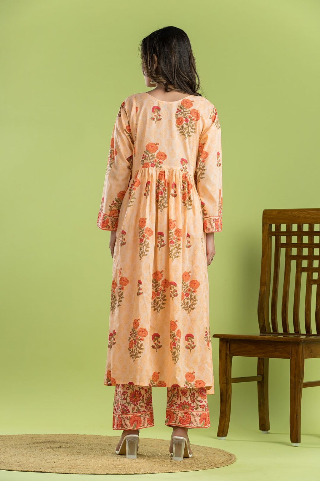 Peach Orange Floral Print A-line Kurta With Pant