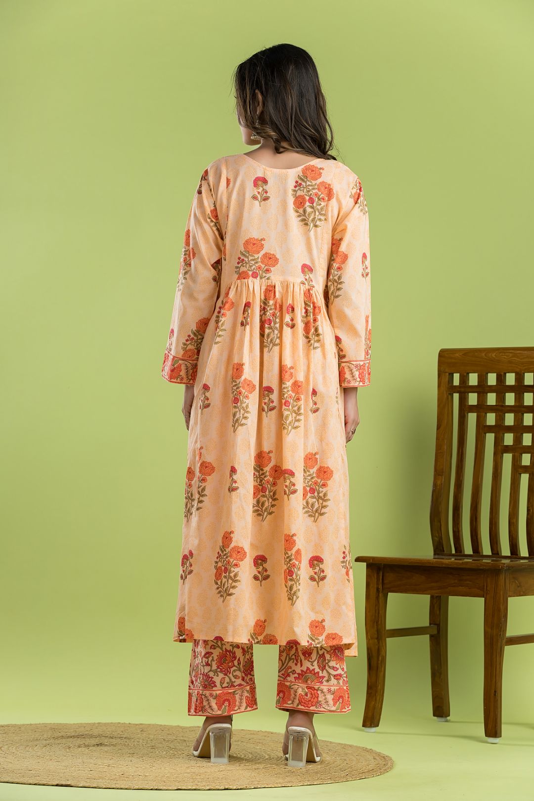 Peach Orange Floral Print A-line Kurta With Pant