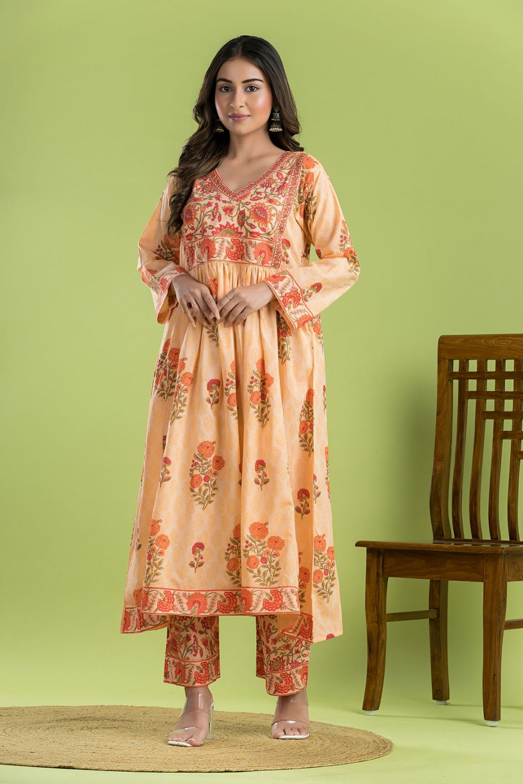 Peach Orange Floral Print A-line Kurta With Pant