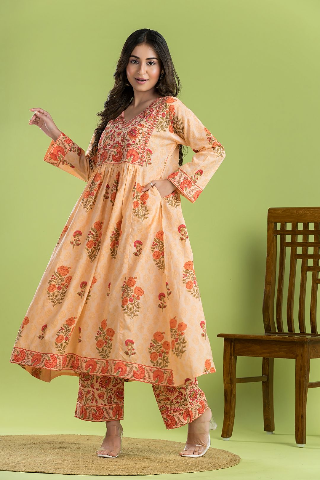Peach Orange Floral Print A-line Kurta With Pant