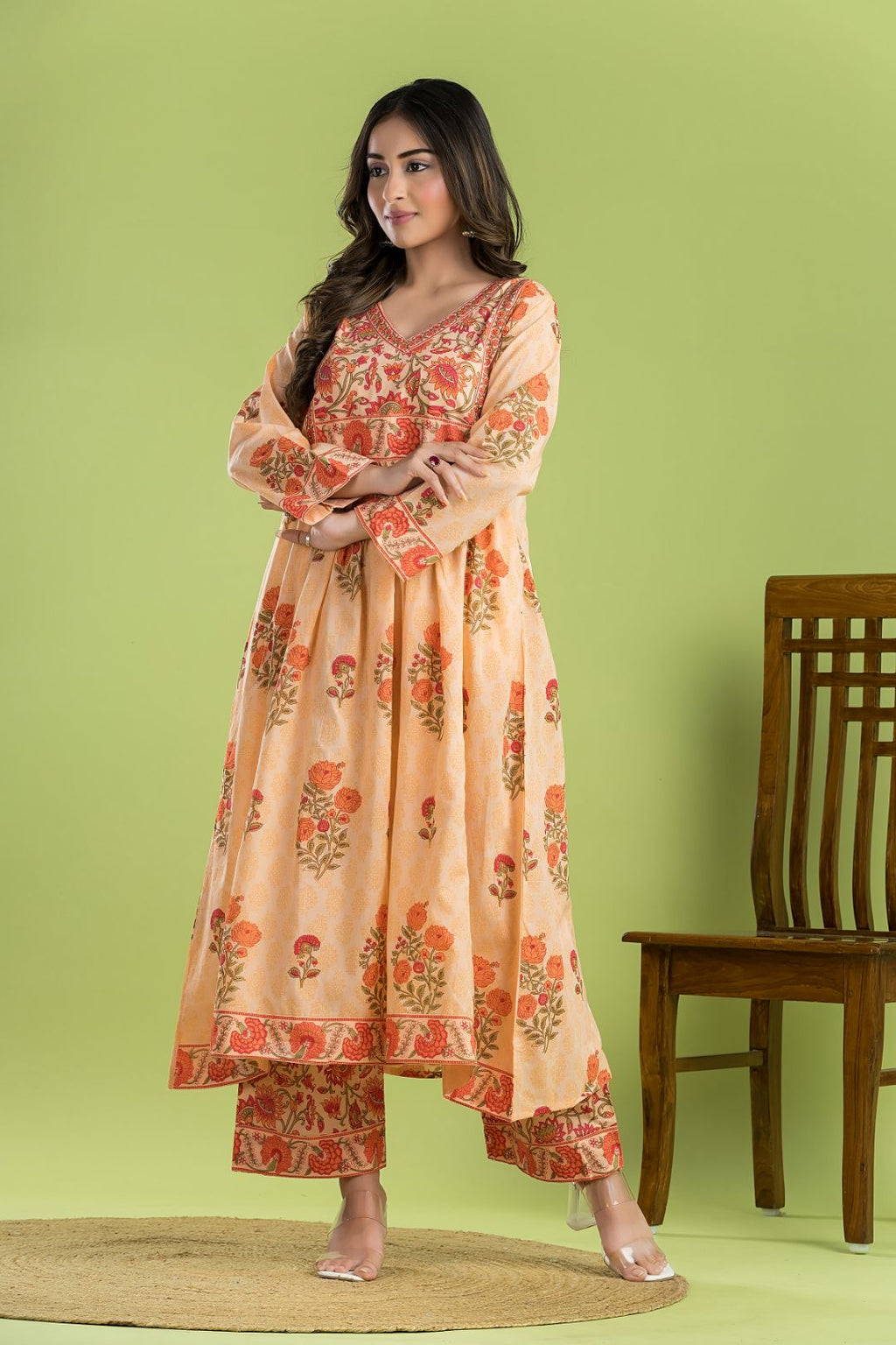 Peach Orange Floral Print A-line Kurta With Pant