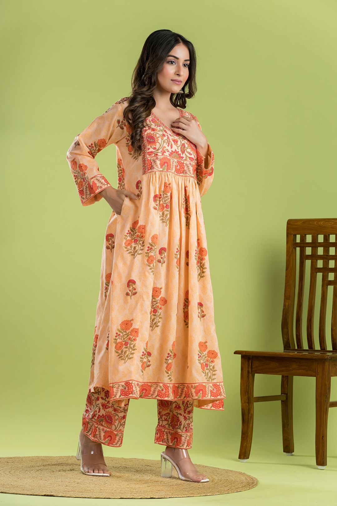 Peach Orange Floral Print A-line Kurta With Pant