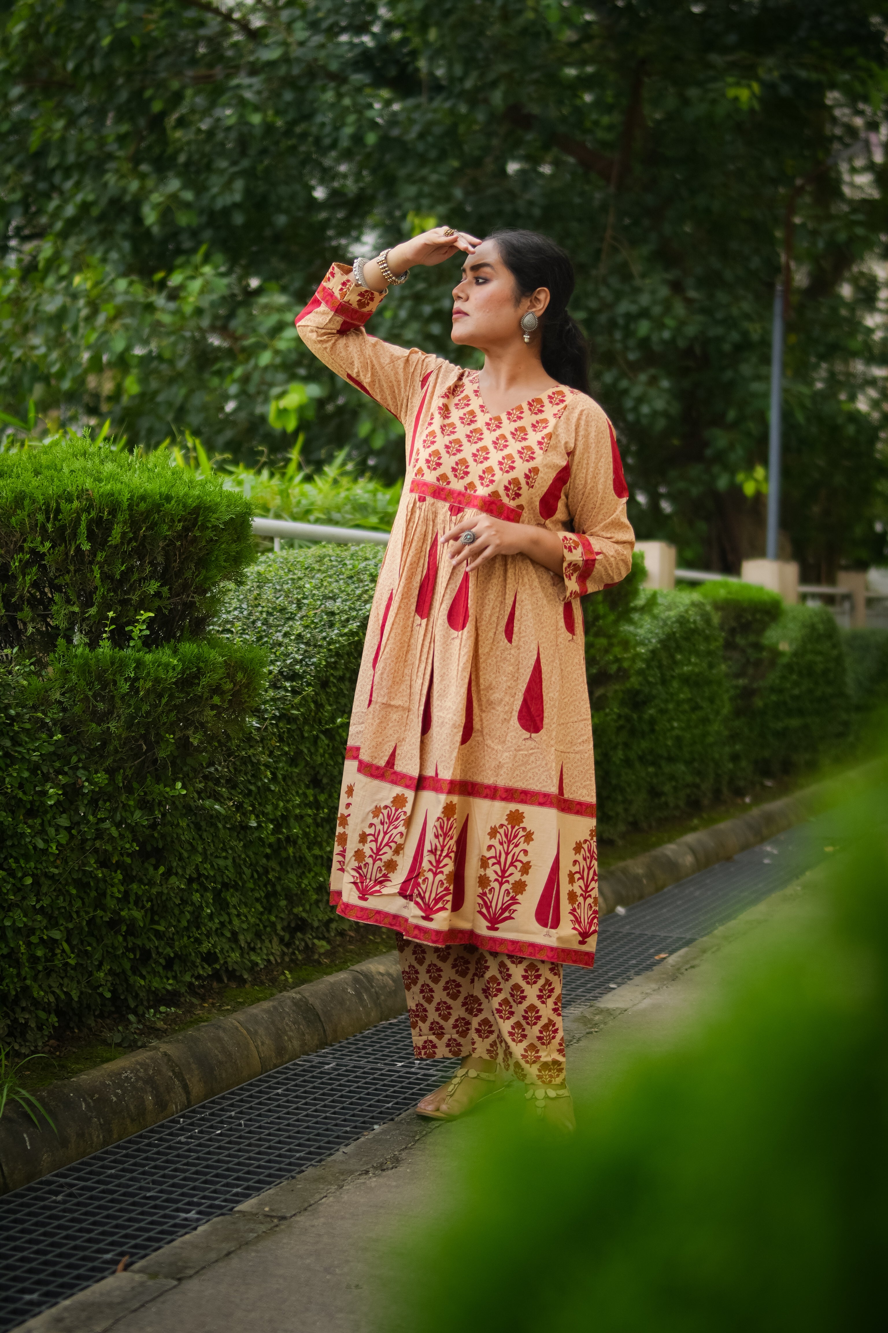 Beige & Red Leaf Print A-line Kurta With Pant