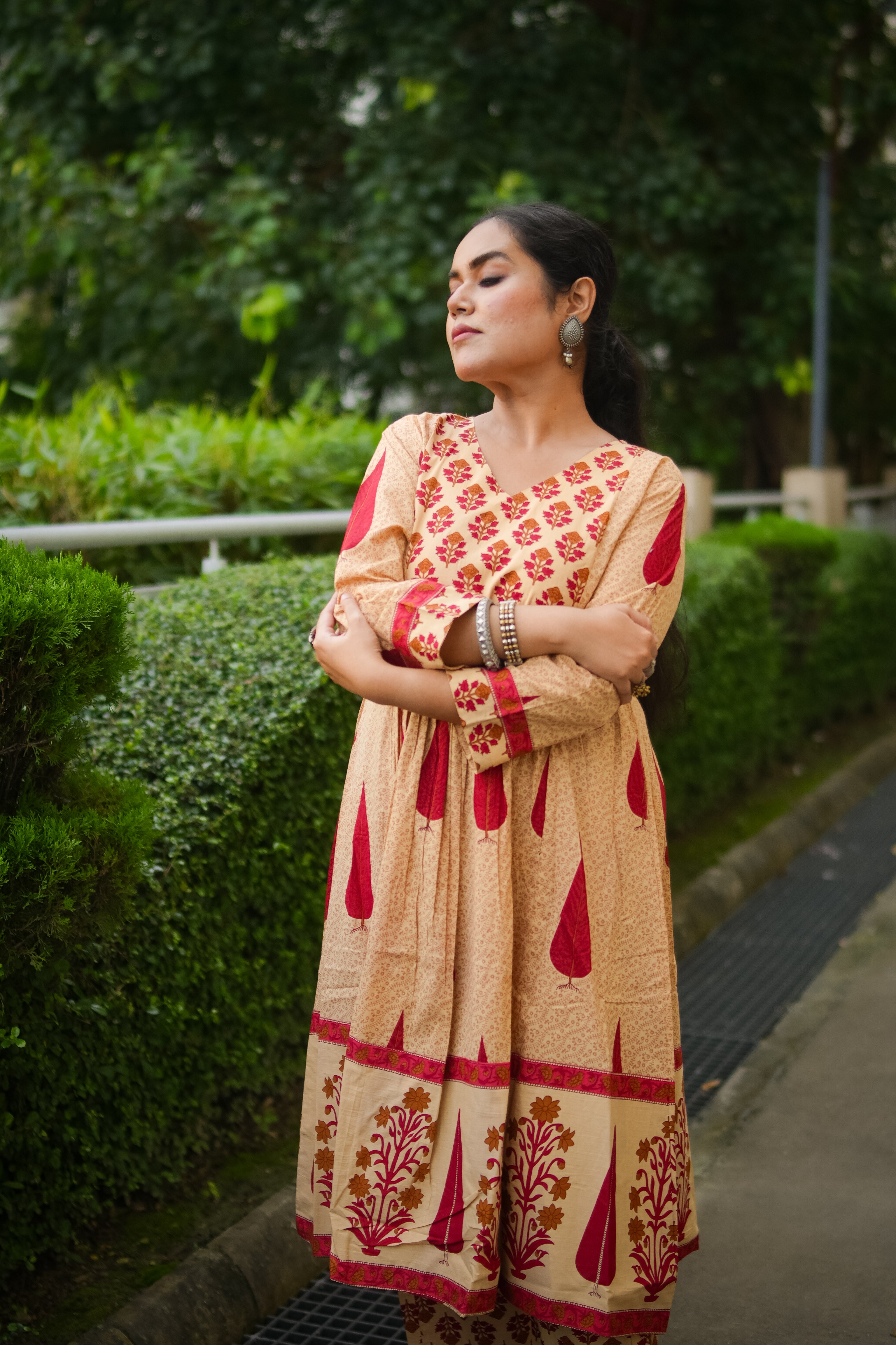 Beige & Red Leaf Print A-line Kurta With Pant