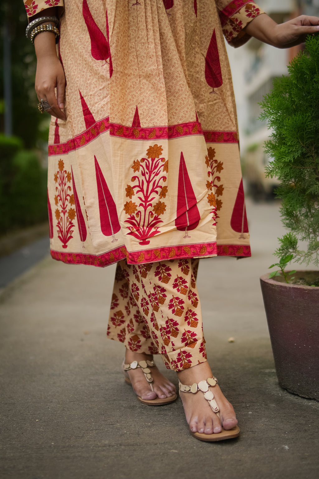 Beige & Red Leaf Print A-line Kurta With Pant