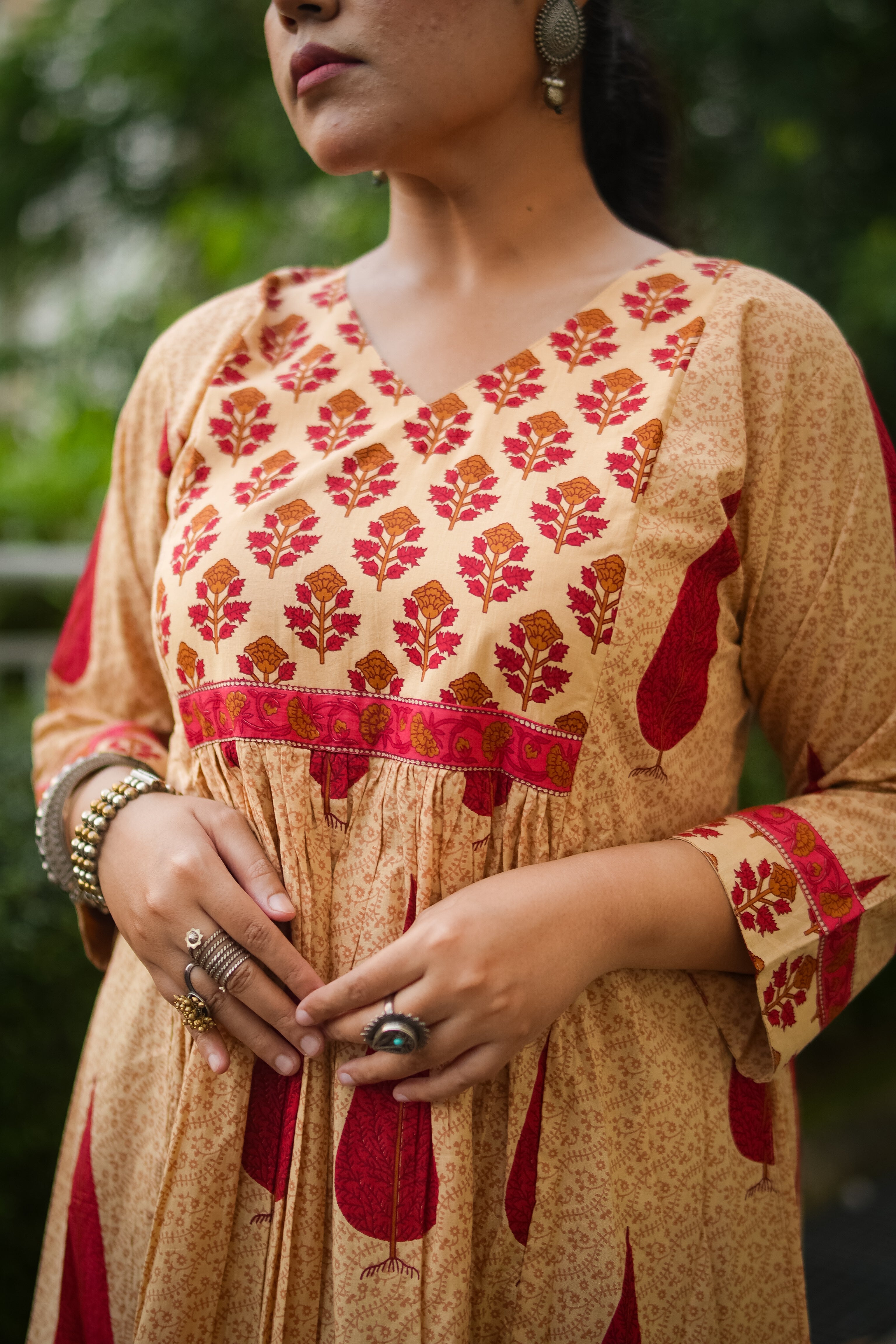 Beige & Red Leaf Print A-line Kurta With Pant