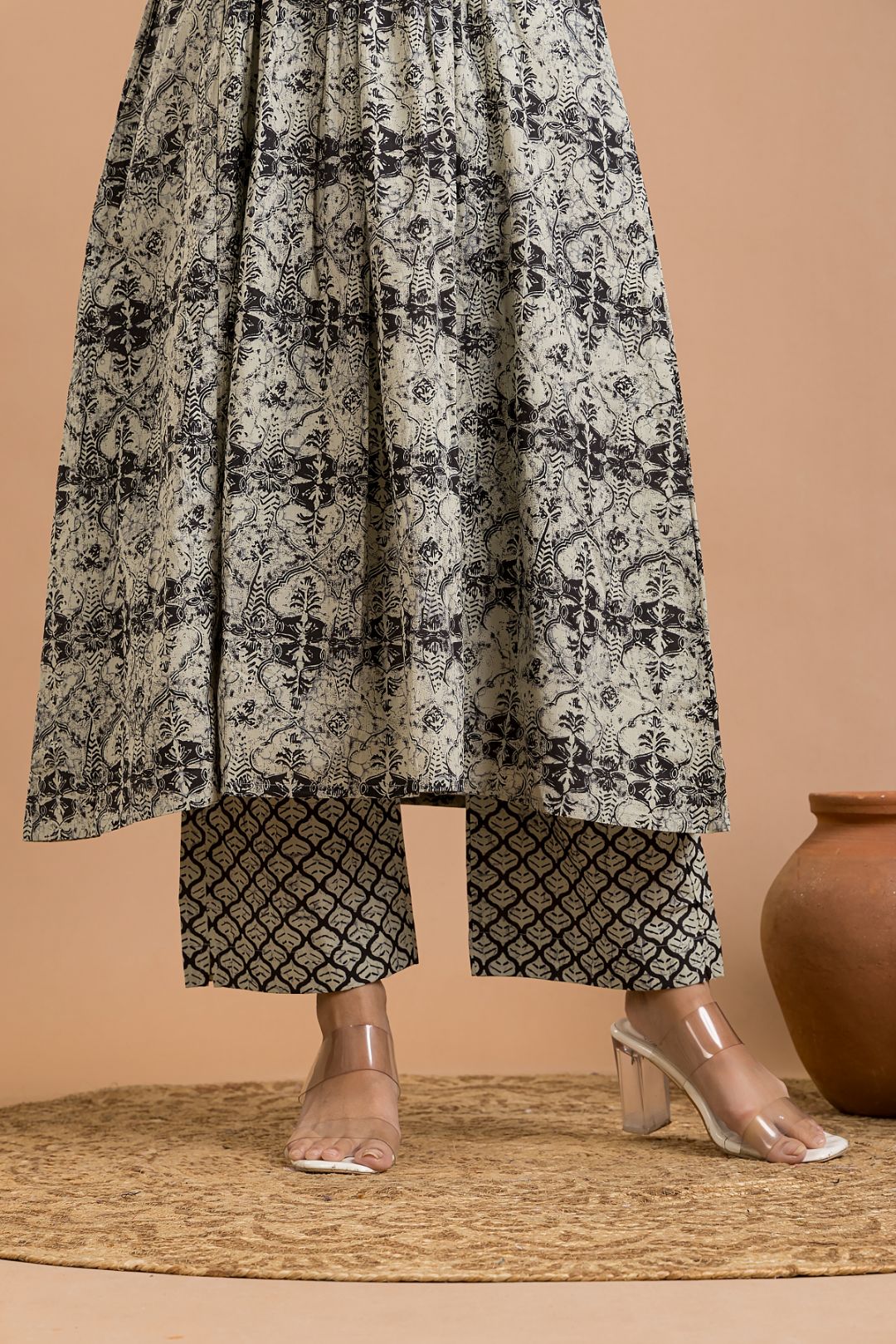 Grey Black Embroidered A-line Kurta With Pant