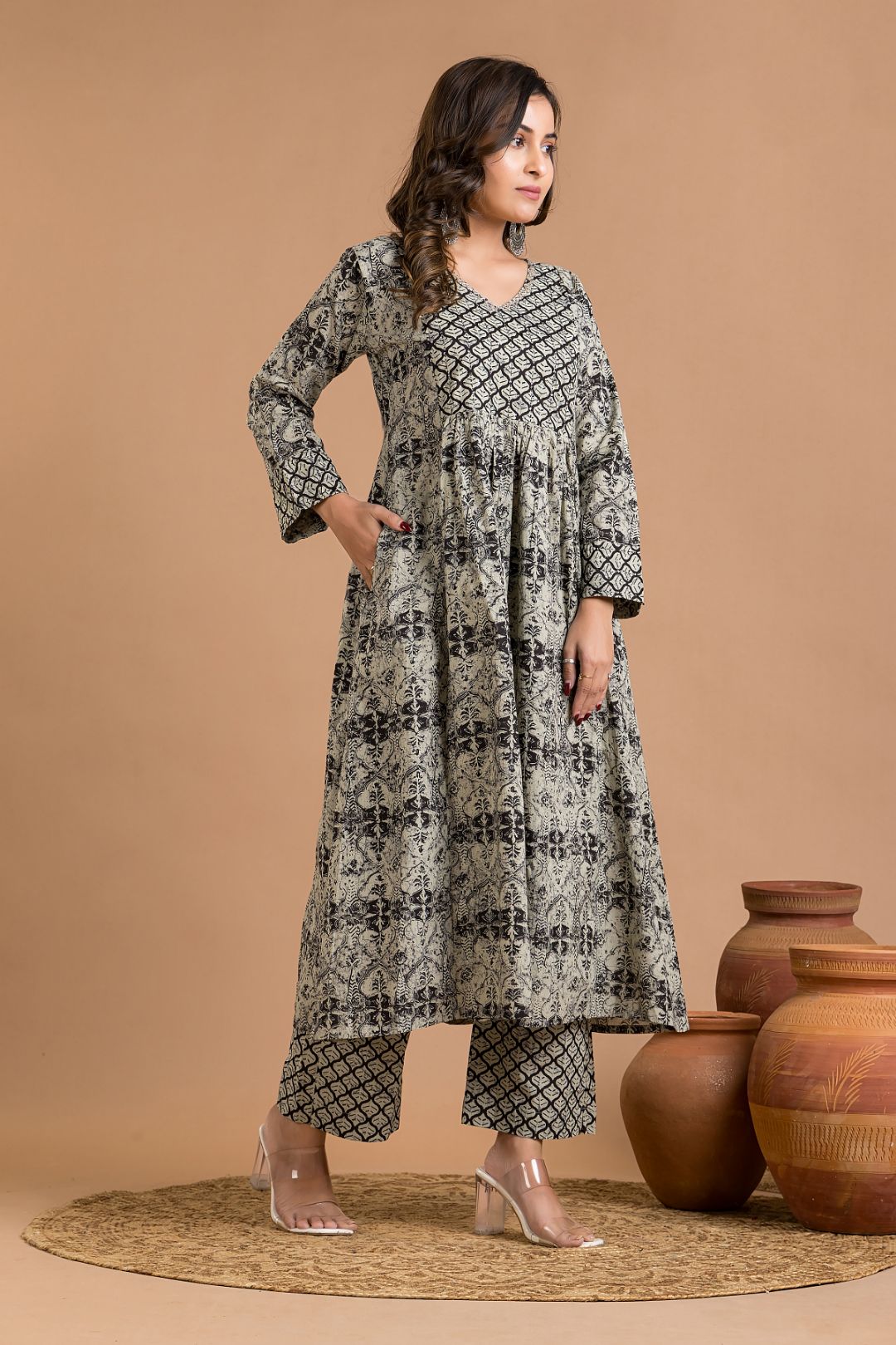 Grey Black Embroidered A-line Kurta With Pant