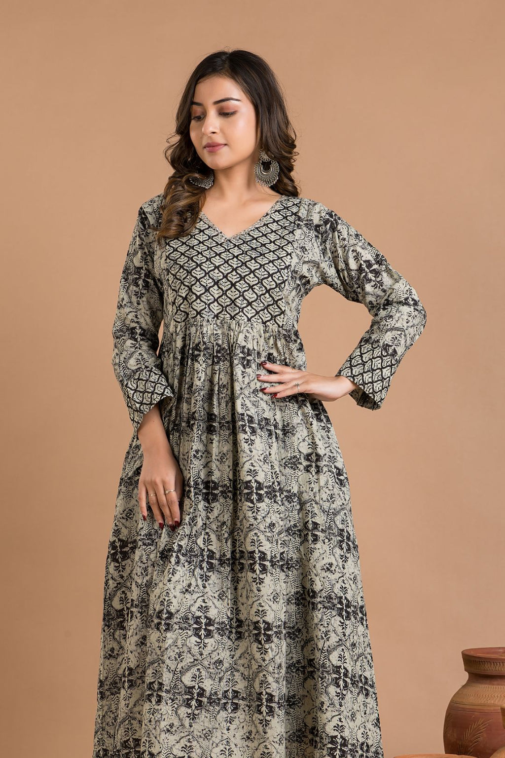 Grey Black Embroidered A-line Kurta With Pant