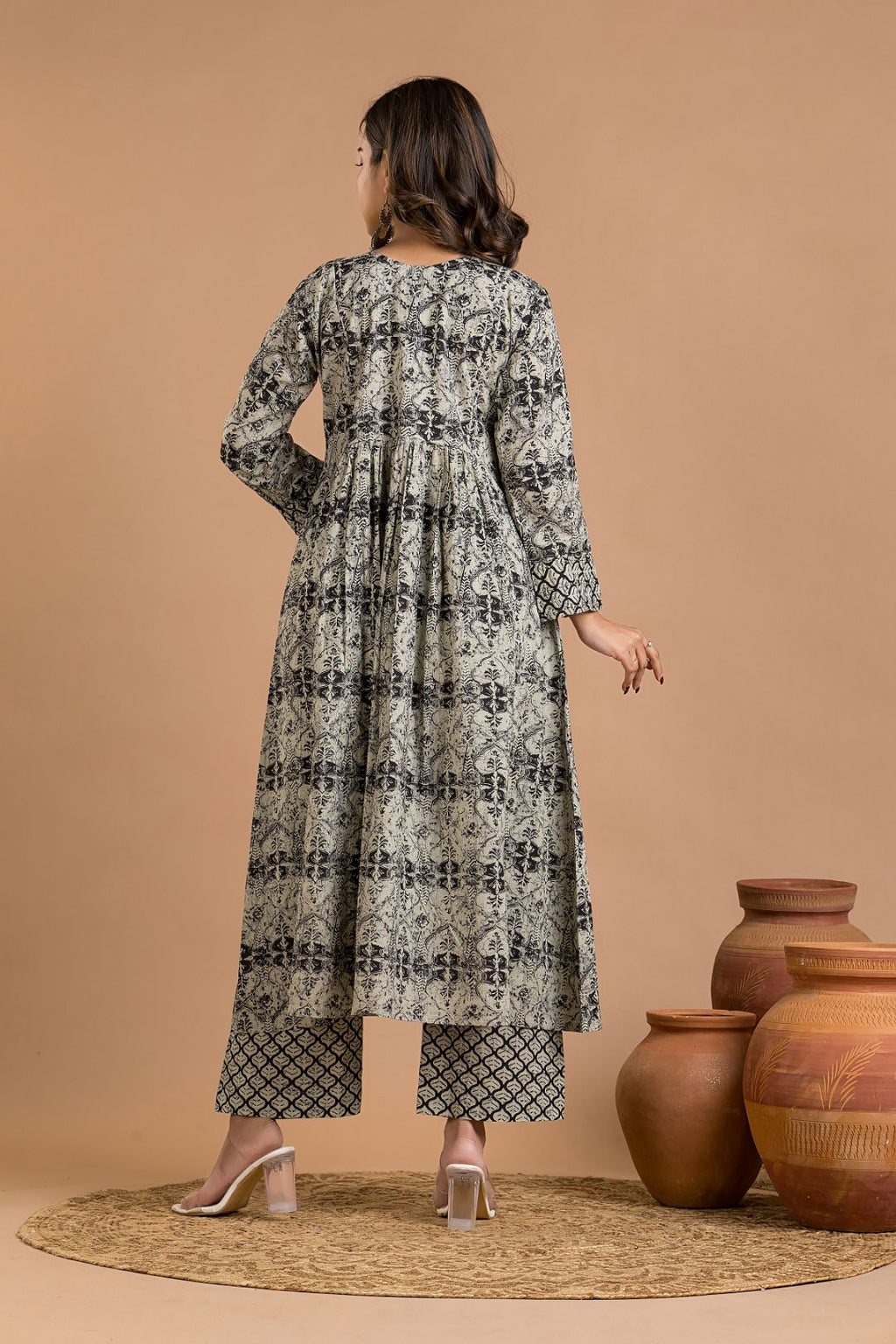 Grey Black Embroidered A-line Kurta With Pant