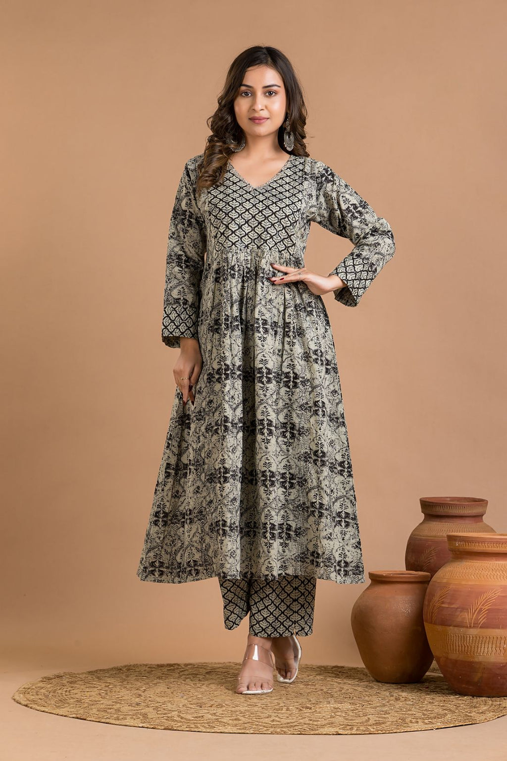 Grey Black Embroidered A-line Kurta With Pant