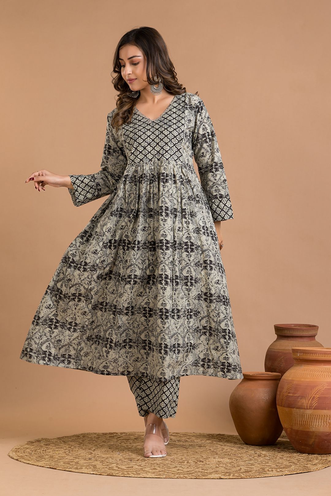 Grey Black Embroidered A-line Kurta With Pant