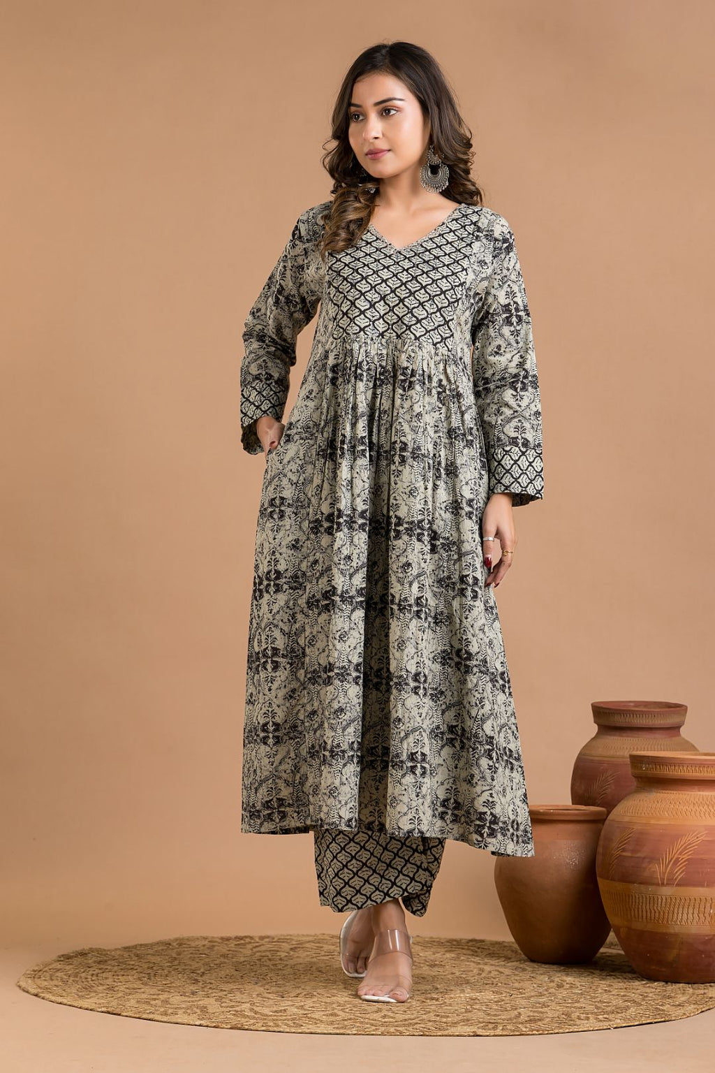 Grey Black Embroidered A-line Kurta With Pant