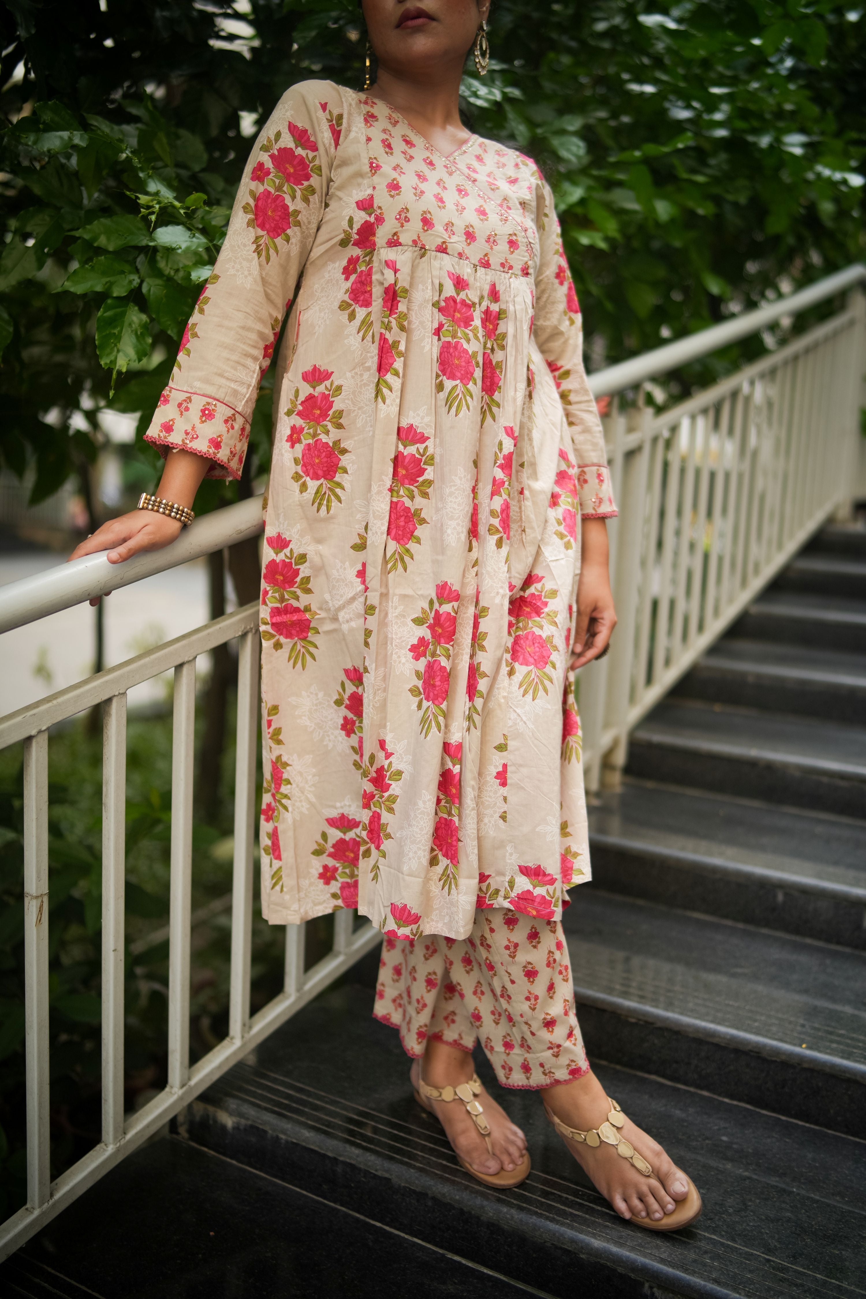 Ecru Floral Embroidered A-line Kurta & Pant