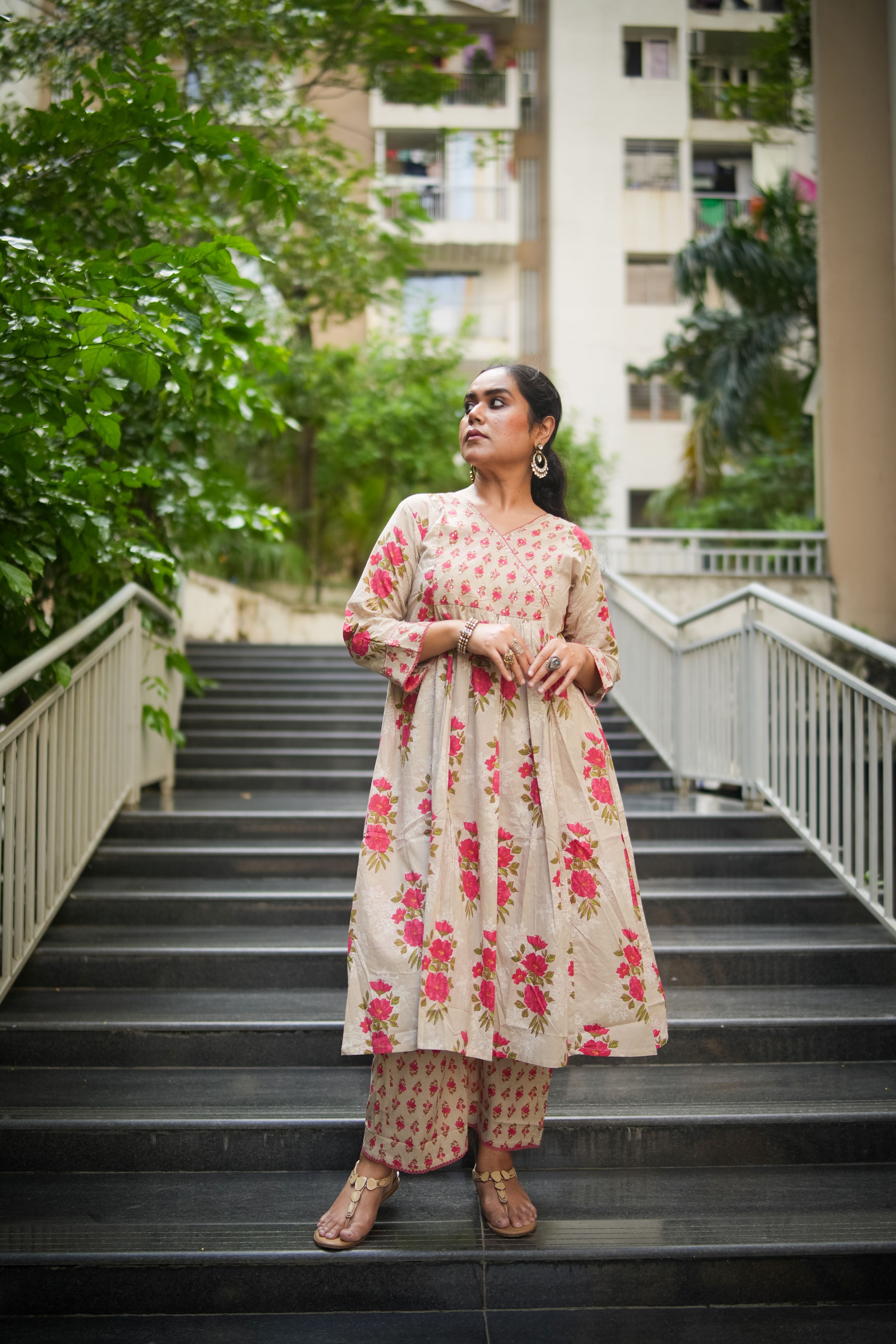 Ecru Floral Embroidered A-line Kurta & Pant