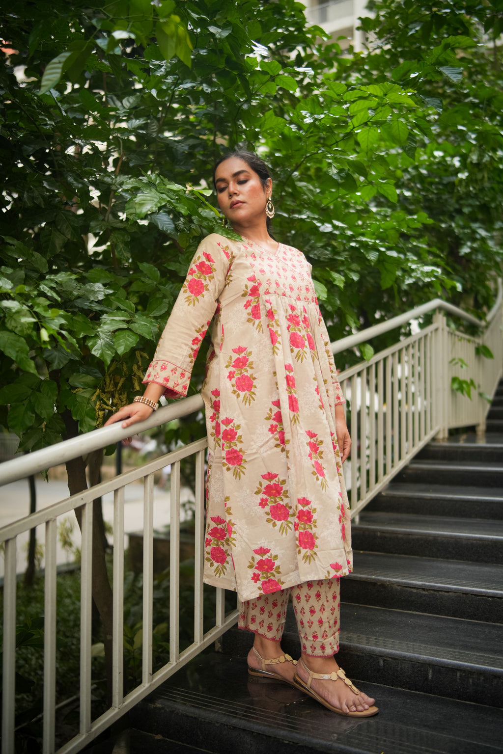 Ecru Floral Embroidered A-line Kurta & Pant
