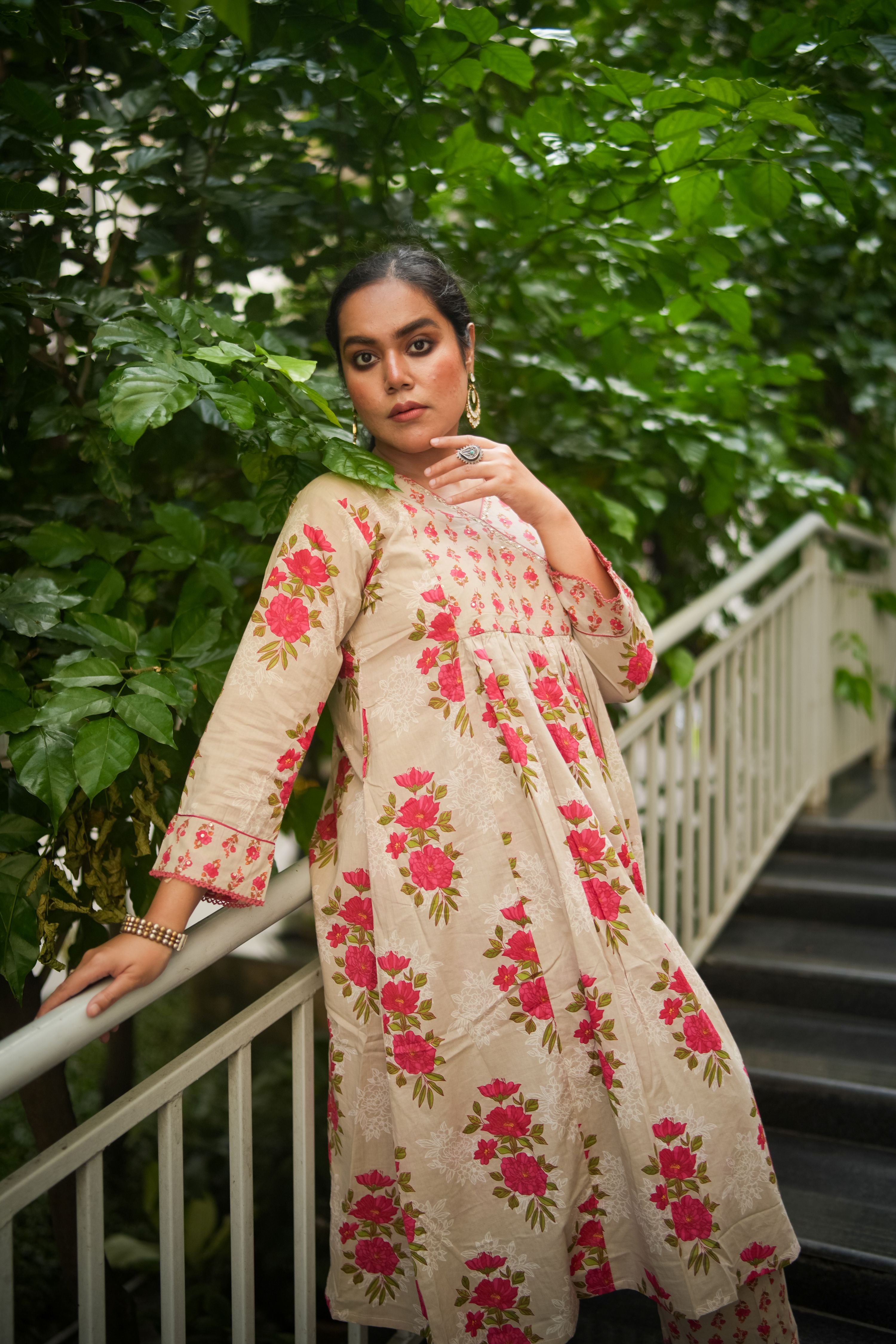 Ecru Floral Embroidered A-line Kurta & Pant
