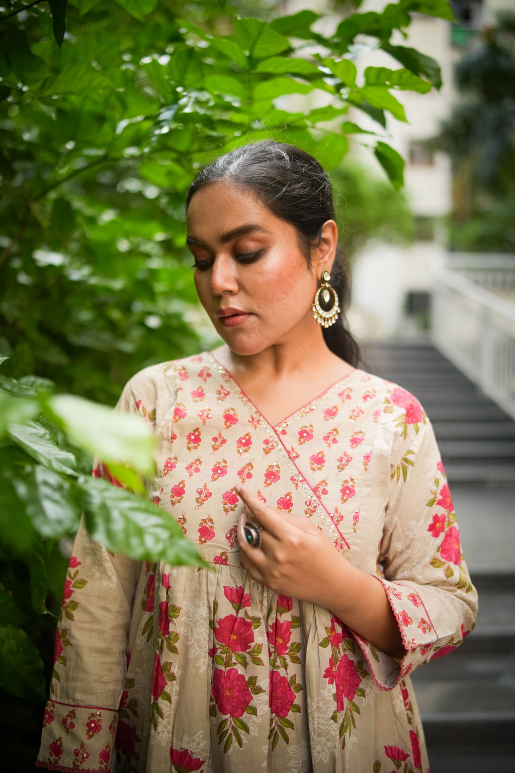 Ecru Floral Embroidered A-line Kurta & Pant