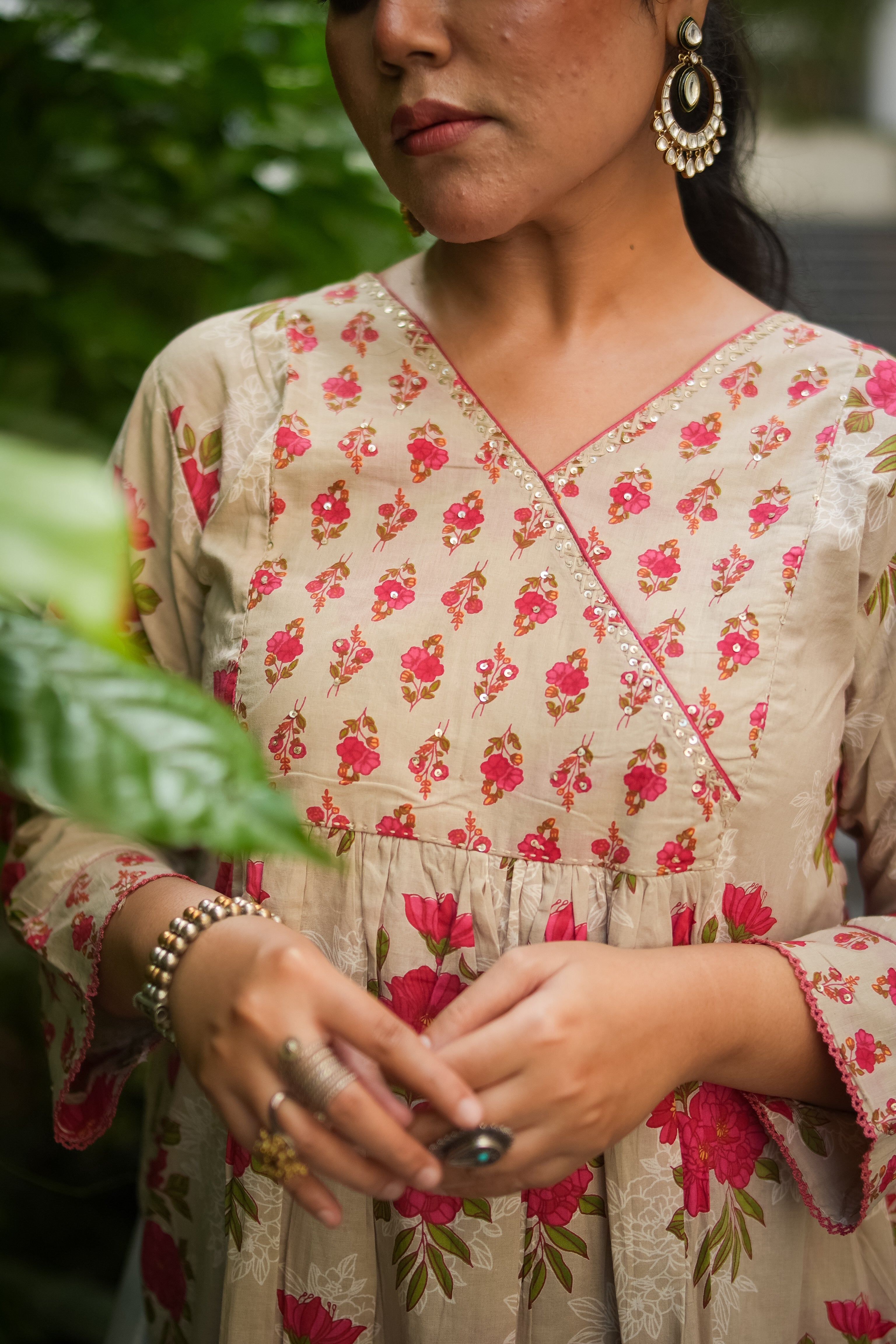 Ecru Floral Embroidered A-line Kurta & Pant