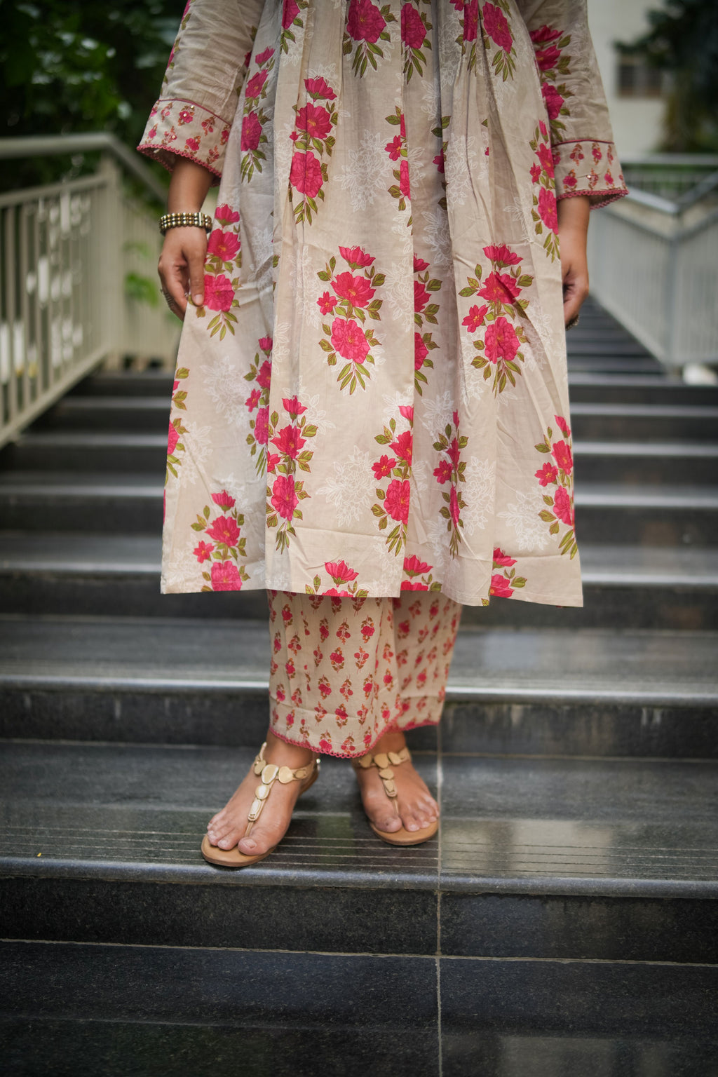 Ecru Floral Embroidered A-line Kurta & Pant