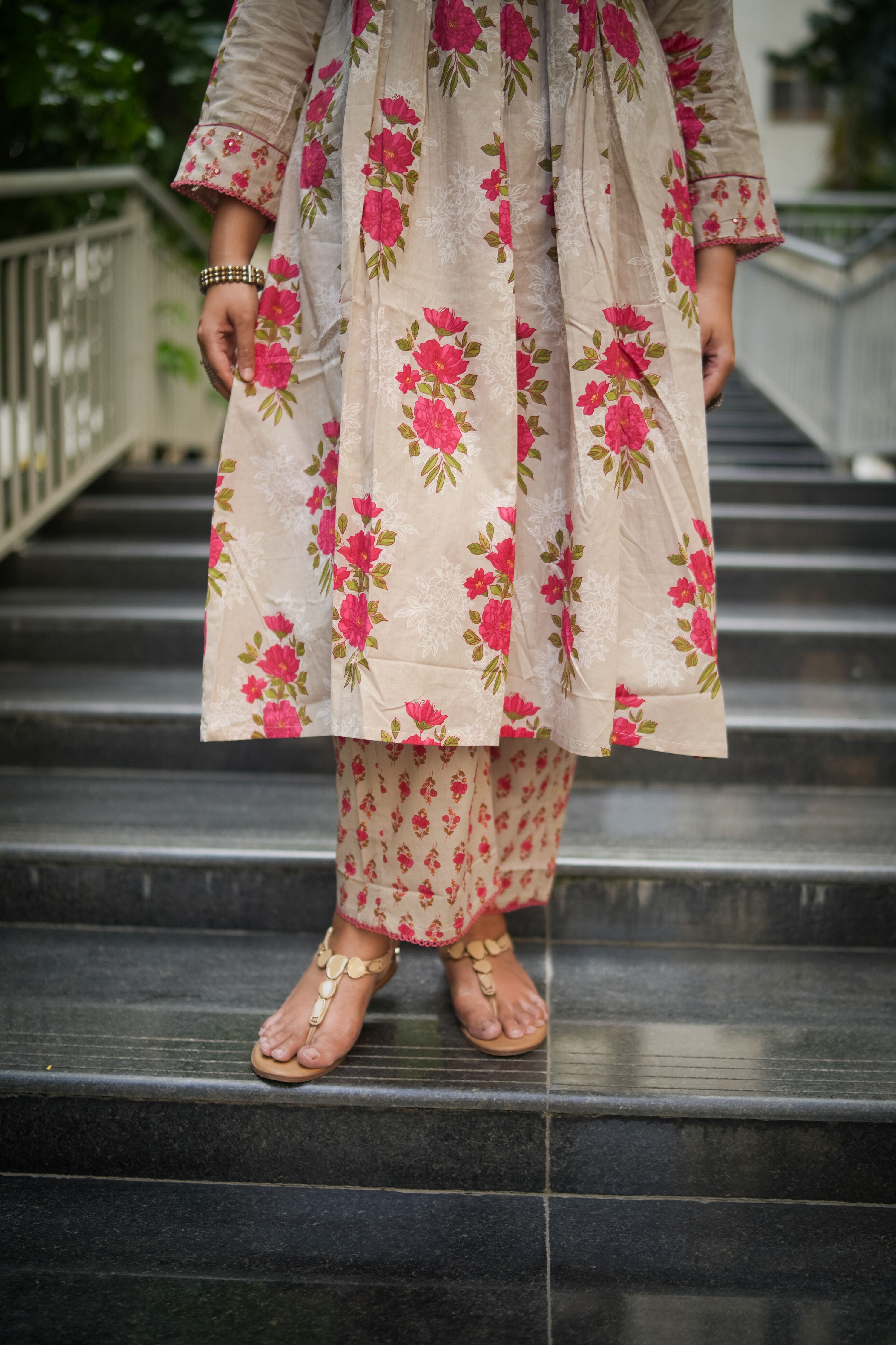 Ecru Floral Embroidered A-line Kurta & Pant