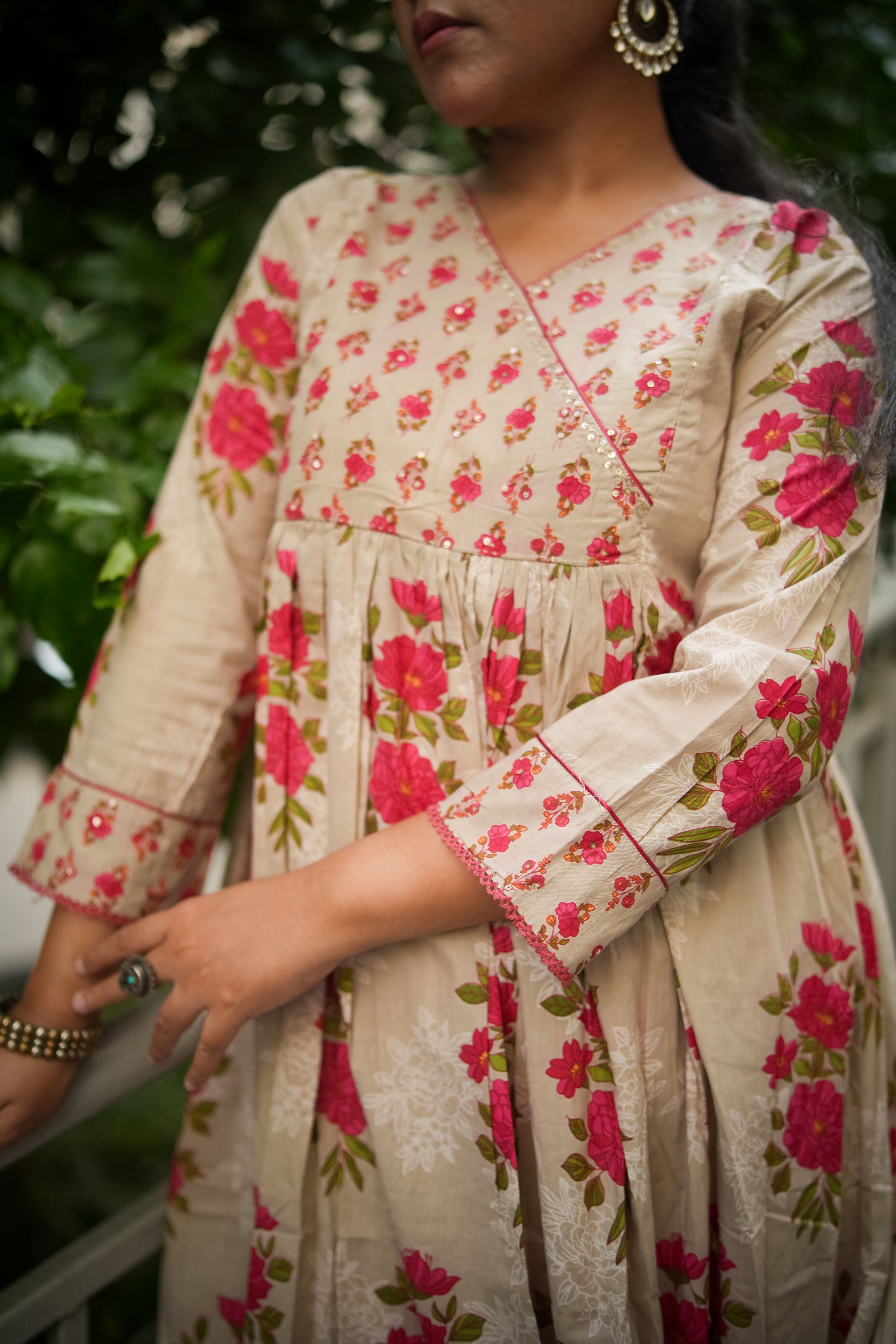 Ecru Floral Embroidered A-line Kurta & Pant