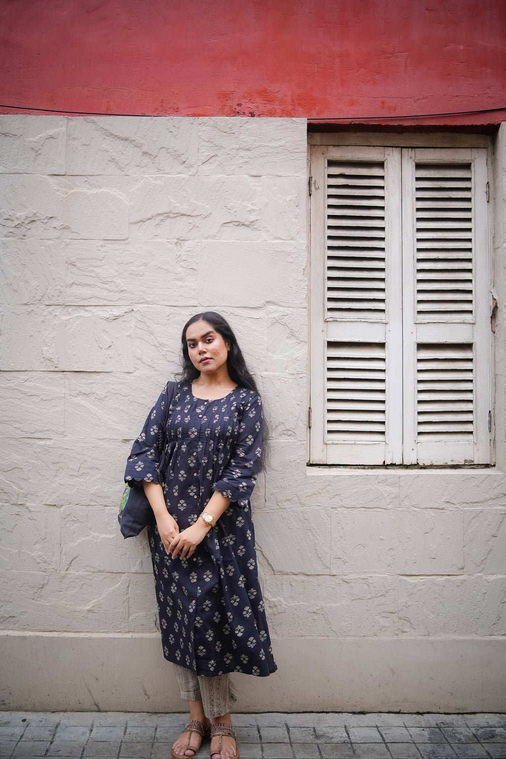 Black Floral Print Pleated Kurta With Pant