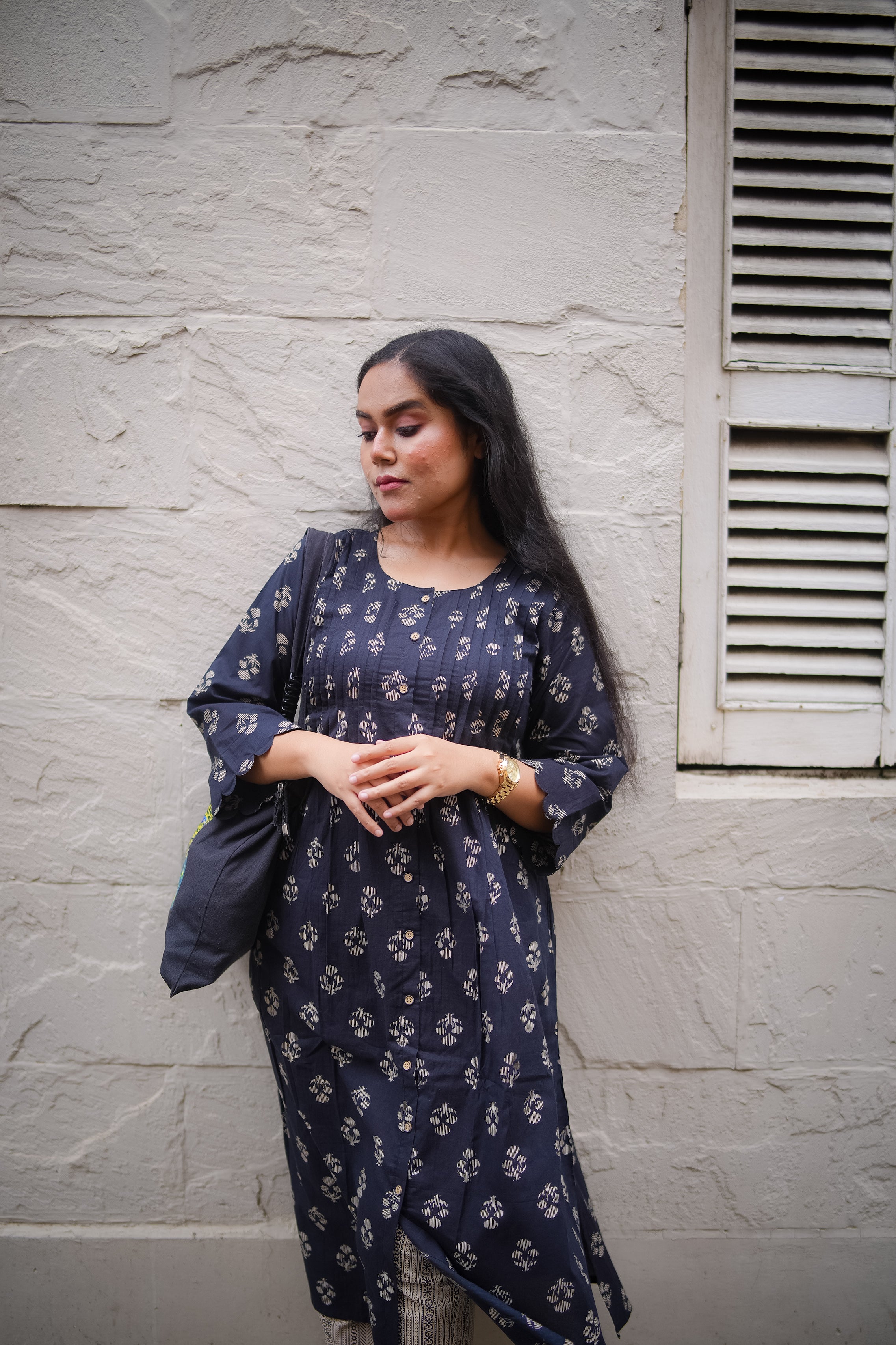 Black Floral Print Pleated Kurta With Pant