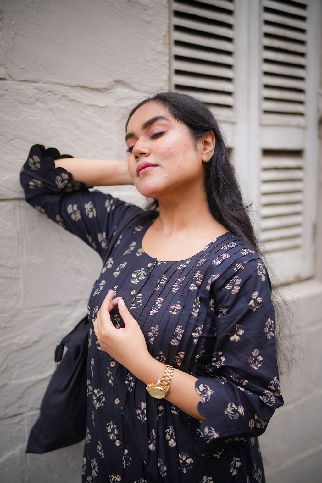 Black Floral Print Pleated Kurta With Pant