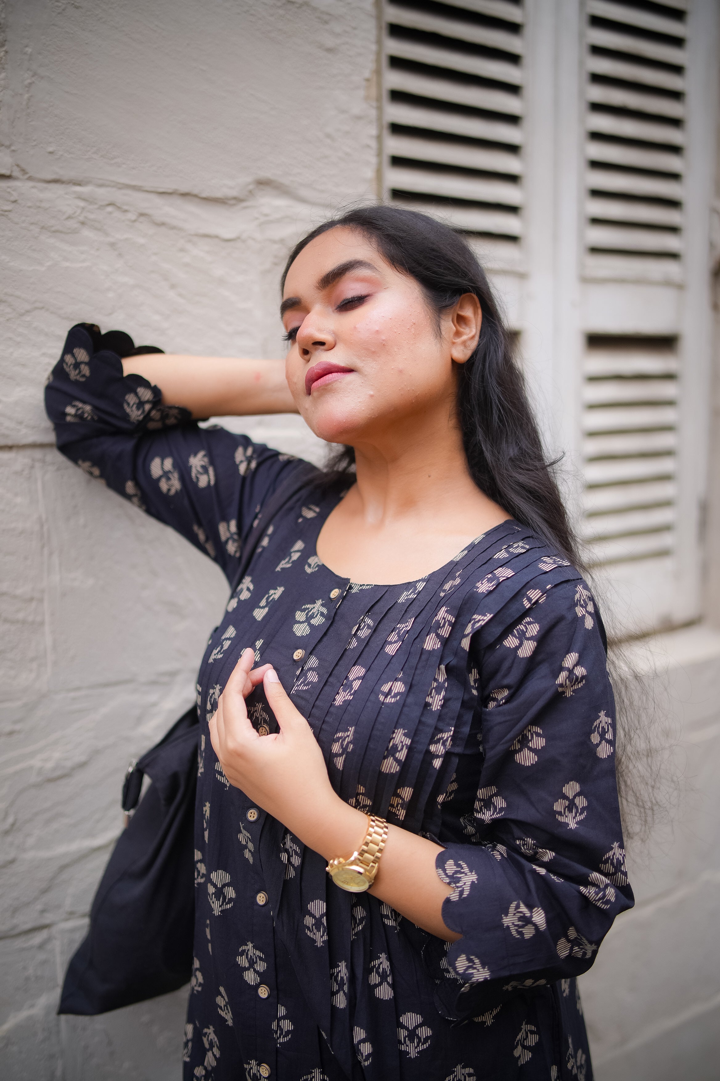 Black Floral Print Pleated Kurta With Pant