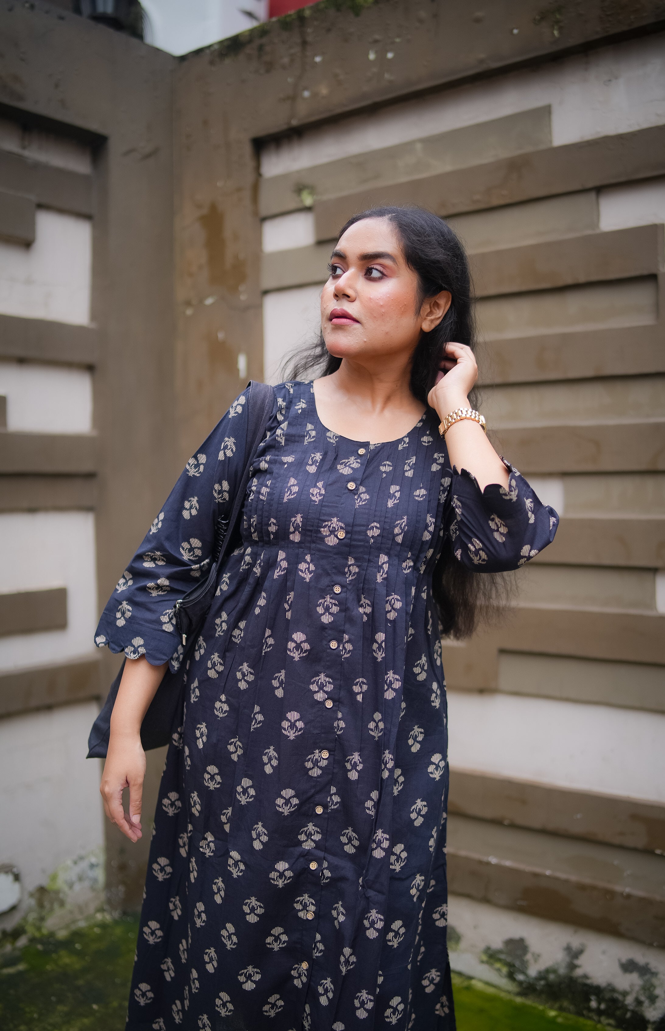 Black Floral Print Pleated Kurta With Pant