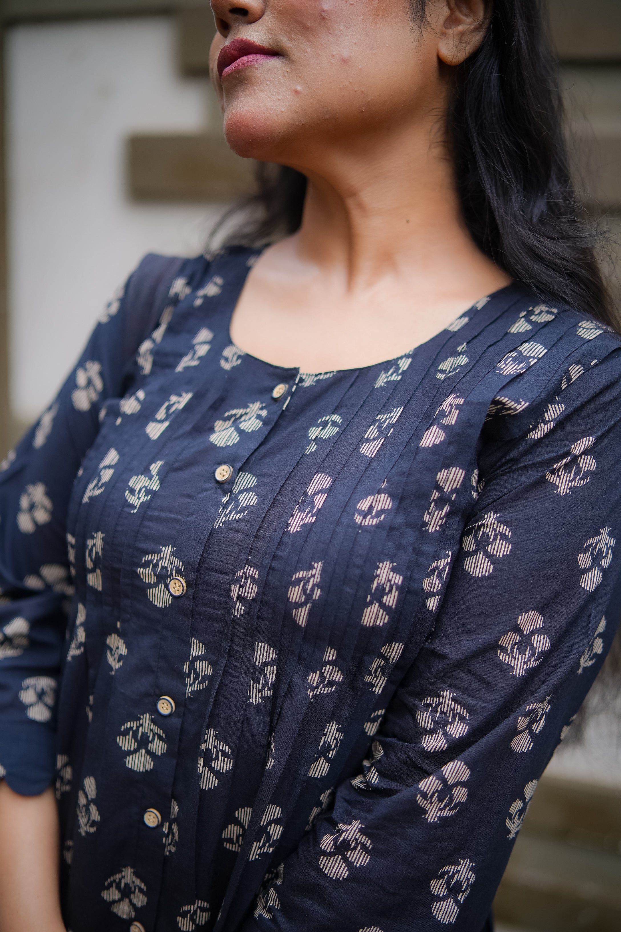 Black Floral Print Pleated Kurta With Pant