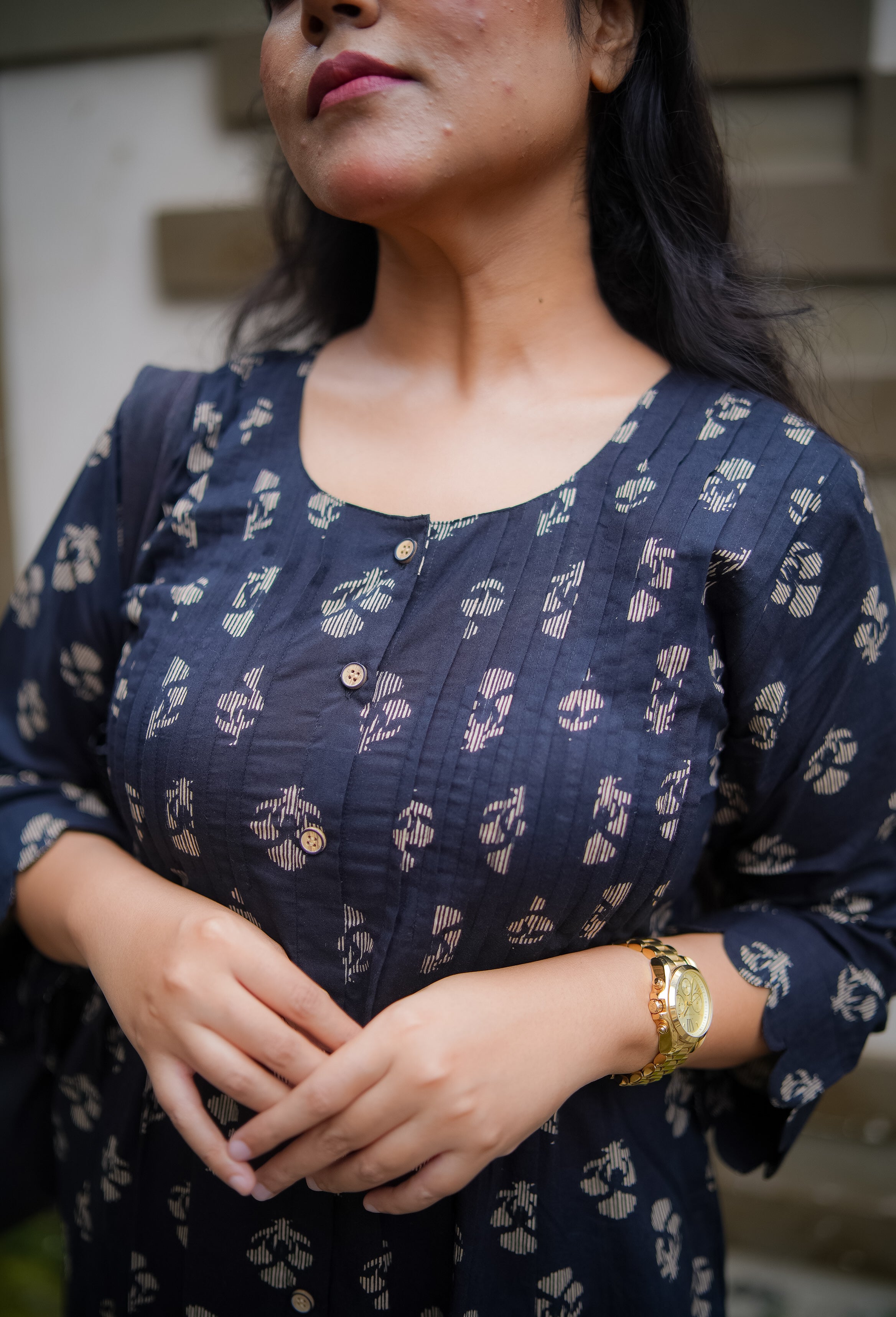 Black Floral Print Pleated Kurta With Pant