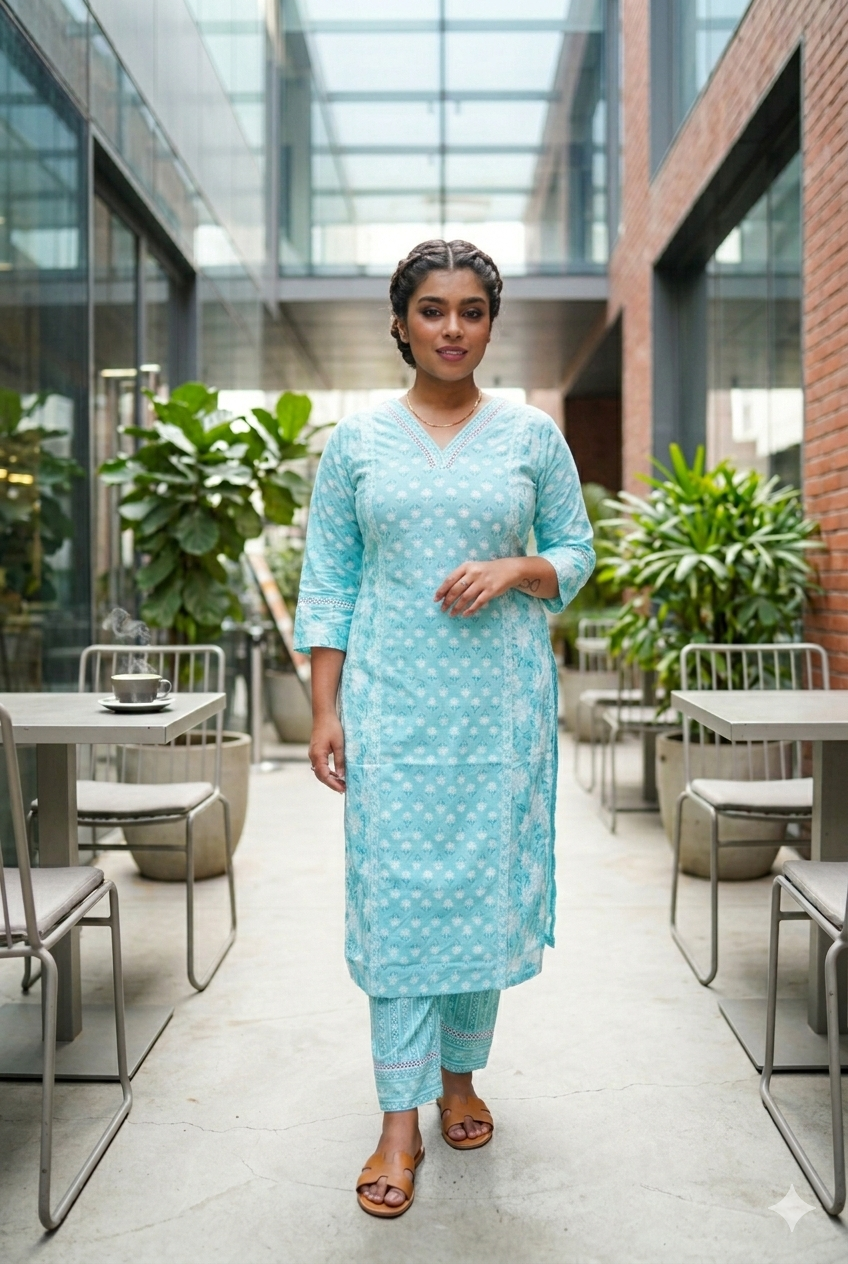 Aqua Blue Mix & Match Floral Print Kurta With Pant