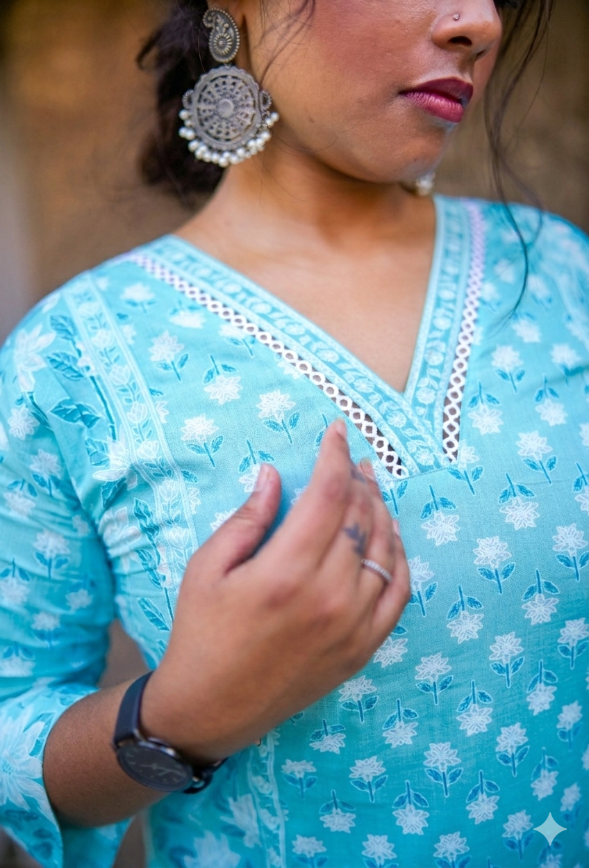 Aqua Blue Mix & Match Floral Print Kurta With Pant