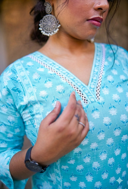 Aqua Blue Mix & Match Floral Print Kurta With Pant