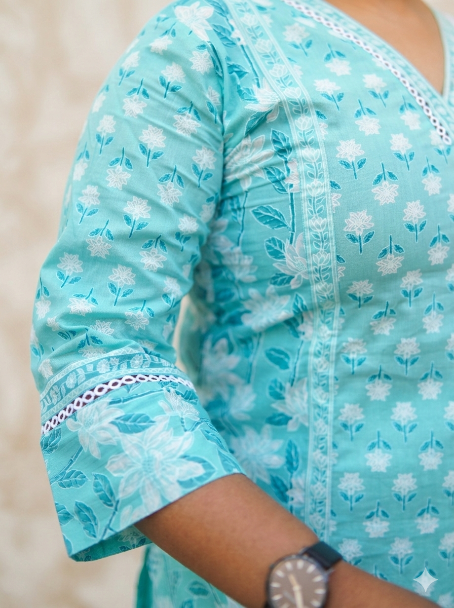 Aqua Blue Mix & Match Floral Print Kurta With Pant